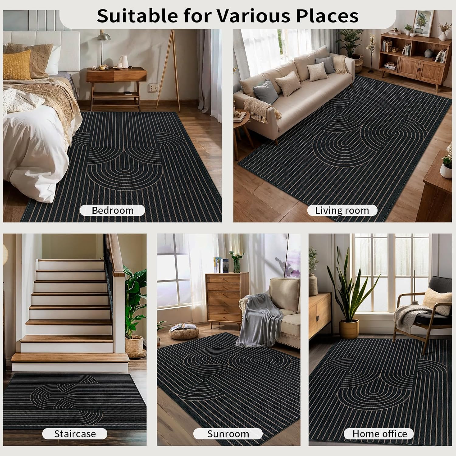 Tangsoo Rainbow Easy Jute Rug 2x4 Small Throw Rugs for Entryway,Washable Ultra Thin Outdoor Door Mat, Black Geometric Non-Slip Indoor Floor Carpet for Entrance Kitchen Hallway Bedroom Front Porch - Image 5