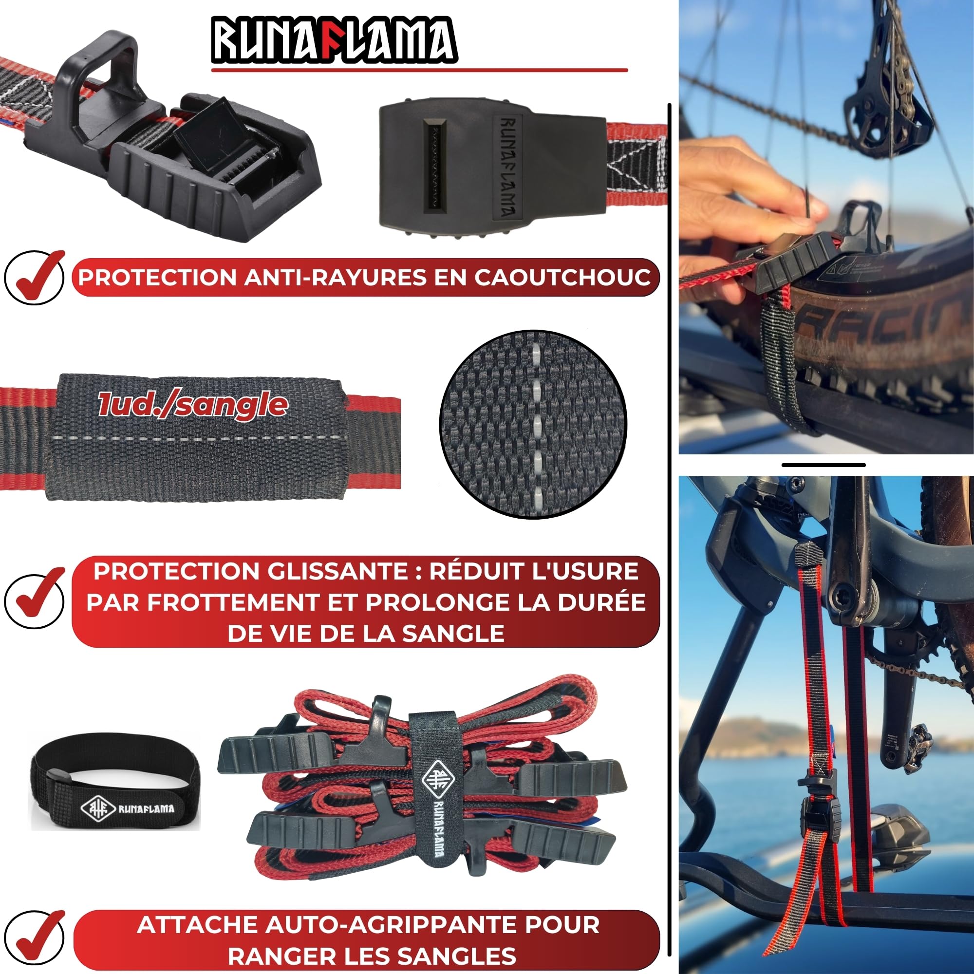 Petites Sangles D'arrimage avec Protection Gomme Antirayures - Sangles De Serrage Courtes pour Moto Remorque, Porte Vélo - en 12195-2 Résistance 500 kgf par Unité - 4 Unités 1m