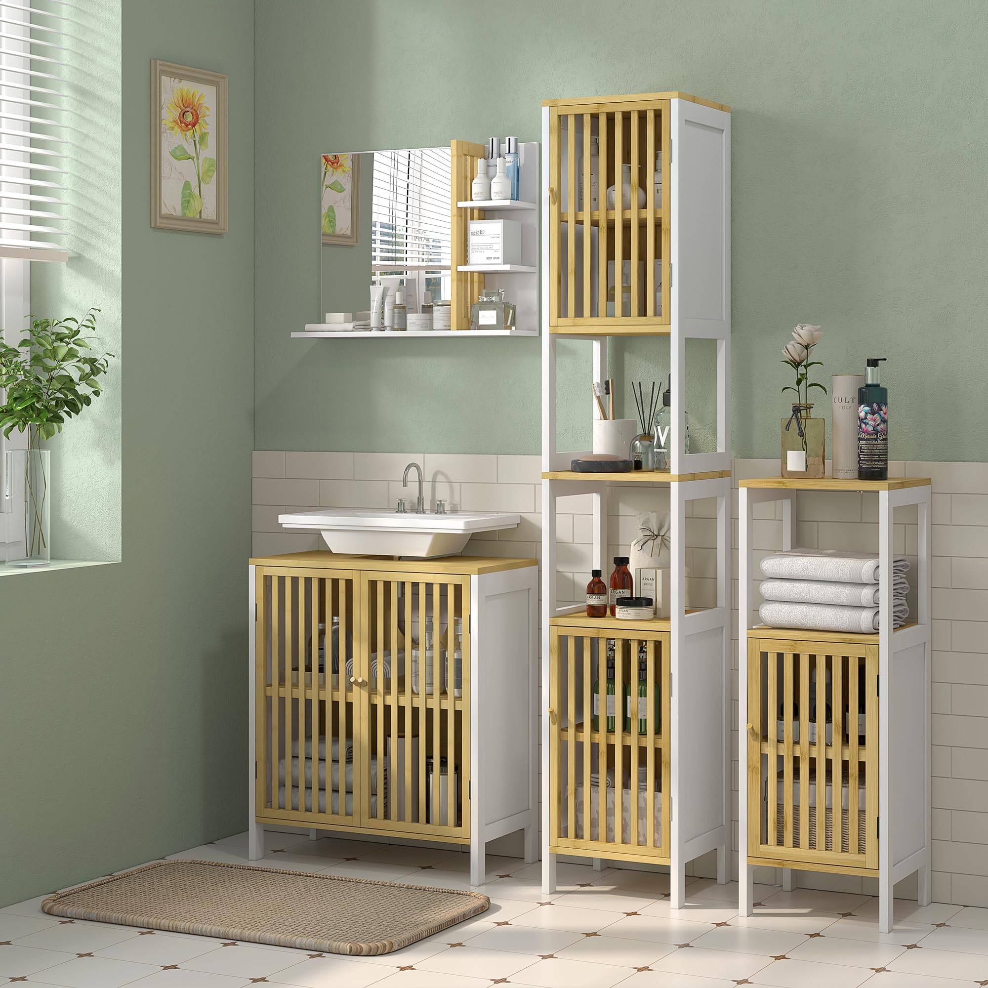 HOMCOM Meuble sous Vasque Meuble de Salle de Bain 2 Portes avec étagère réglable Armoire de Rangement pour lavabo 60 x 30 x 70 cm en Bambou Blanc et Naturel