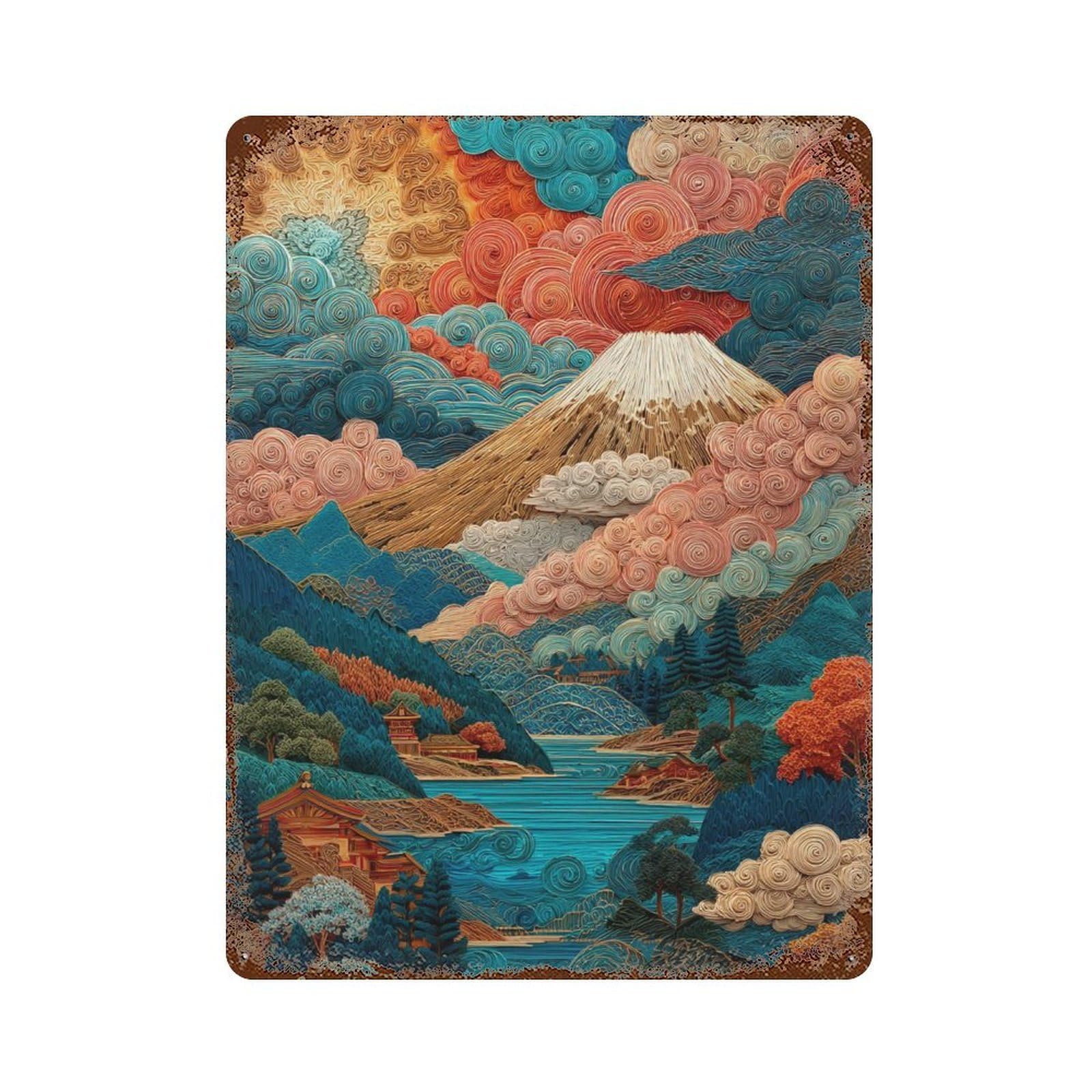 Decorative Tin Sign with Japanese Landscape with Mount Fuji Design 15.7"x11.8", for Garage, Bar And Workshop Decor, Farmhouse Wall Decor