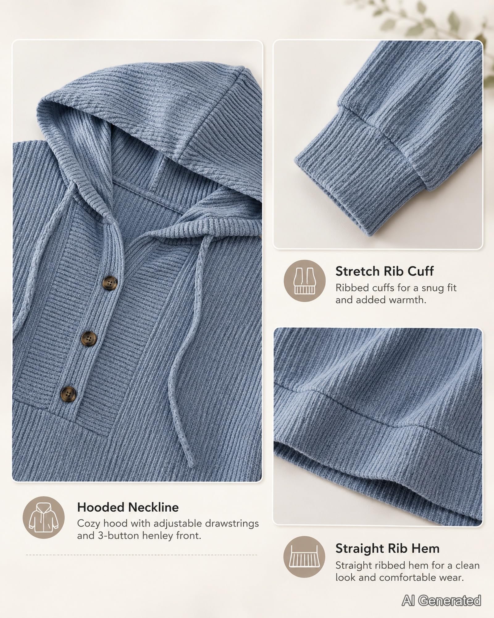 Damski sweter z kapturem Henley prążkowany sweter z długim rękawem i | Henley Inspirowany Dekoltem Plisa Guzikowa Prążkowana Tekstura Luźne Kroplone Ramiona Regulowany Kaptur Ściągacze Codzienne