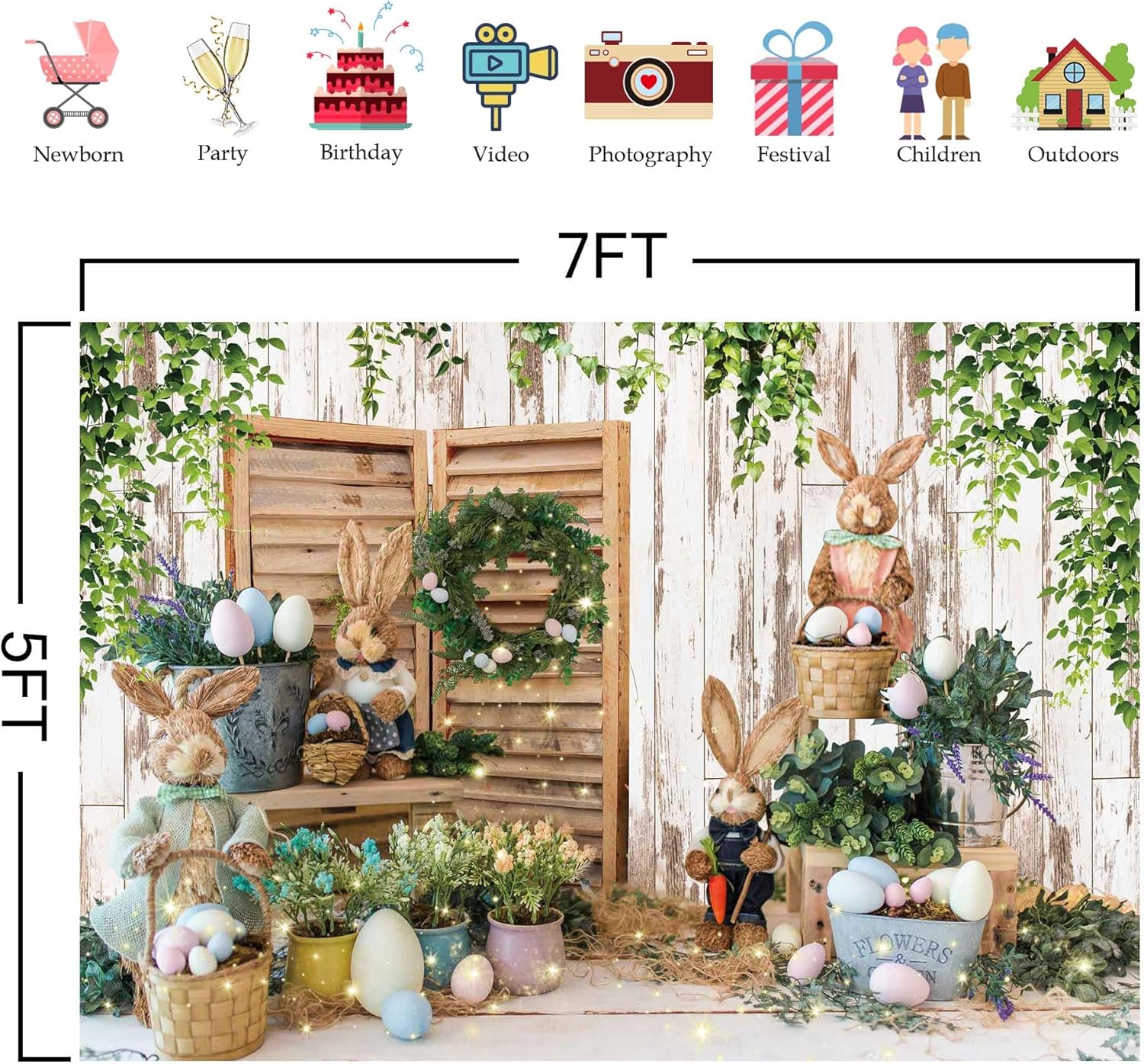 10x8ft Polyester Spring Easter Backdrop Rustic White Wooden Wall Colorful Eggs Rabbit Photography Background for Birthday Baby Shower Party Decor Portrait Banner Photo Booth Studio Props
