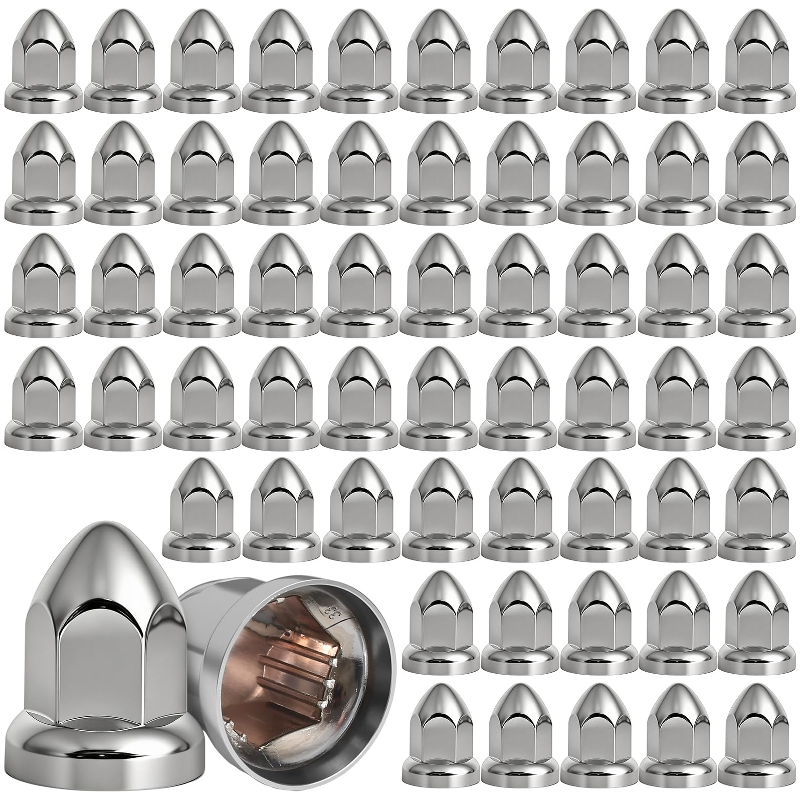Photo 1 of ANATIA 60 Pack Lug Nut Covers 33mm Push On ABS Plastic Anti-Rust Semi Lug Chrome Nut Covers with Removal Tool for Semi Trucks Trailers 2-1/2 Inch Height