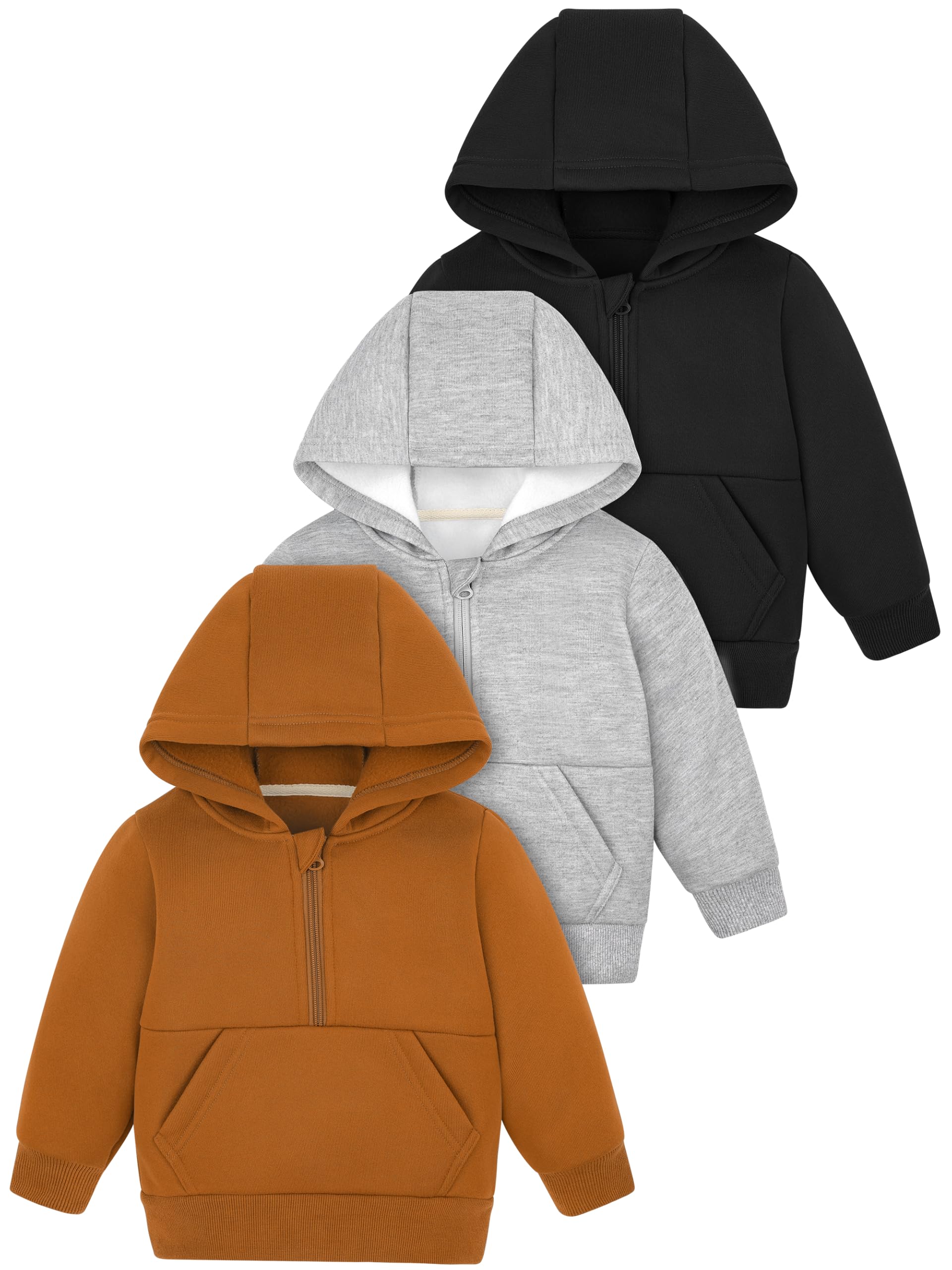3 Packs Baby and Toddler Boys Long Sleeve Full-Zip Hoodies Infant Fleece Hooded Sweatshirts Jacket with Pouch Pockets