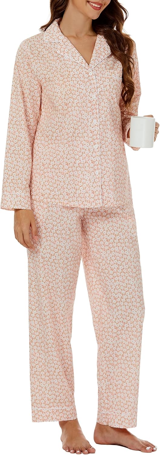 LUBOT 100% Cotton Pajamas for Women 2 Piece PJ Set Woven Poplin Ladies Button Down Long Short Sleeve Printed Sleepwear S-XXL