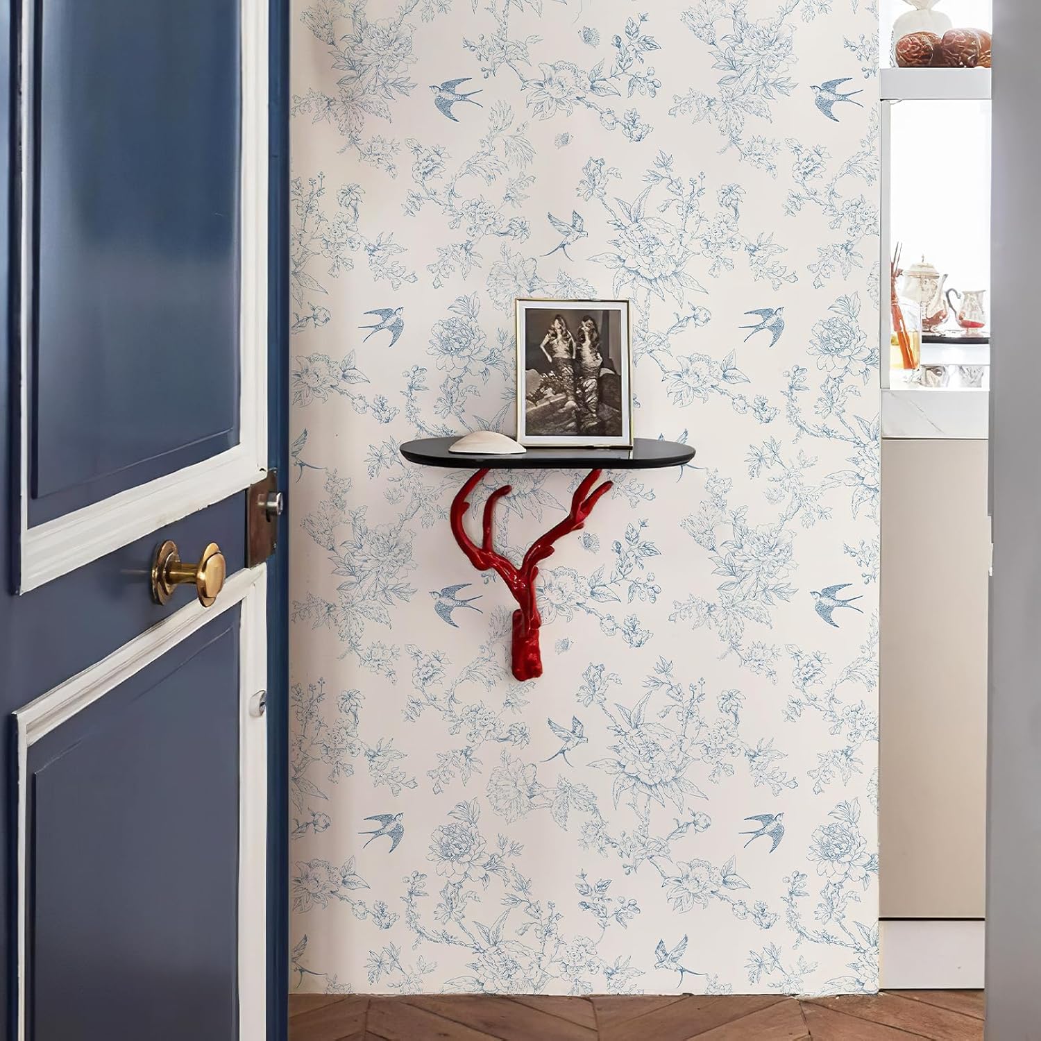 Peel and Stick Wallpaper 17.3"x400" White and Blue Birds Floral Wallpaper Vintage Wall Paper Removable Boho Self Adhesive Contact Paper for Bedroom Bathroom Vinyl