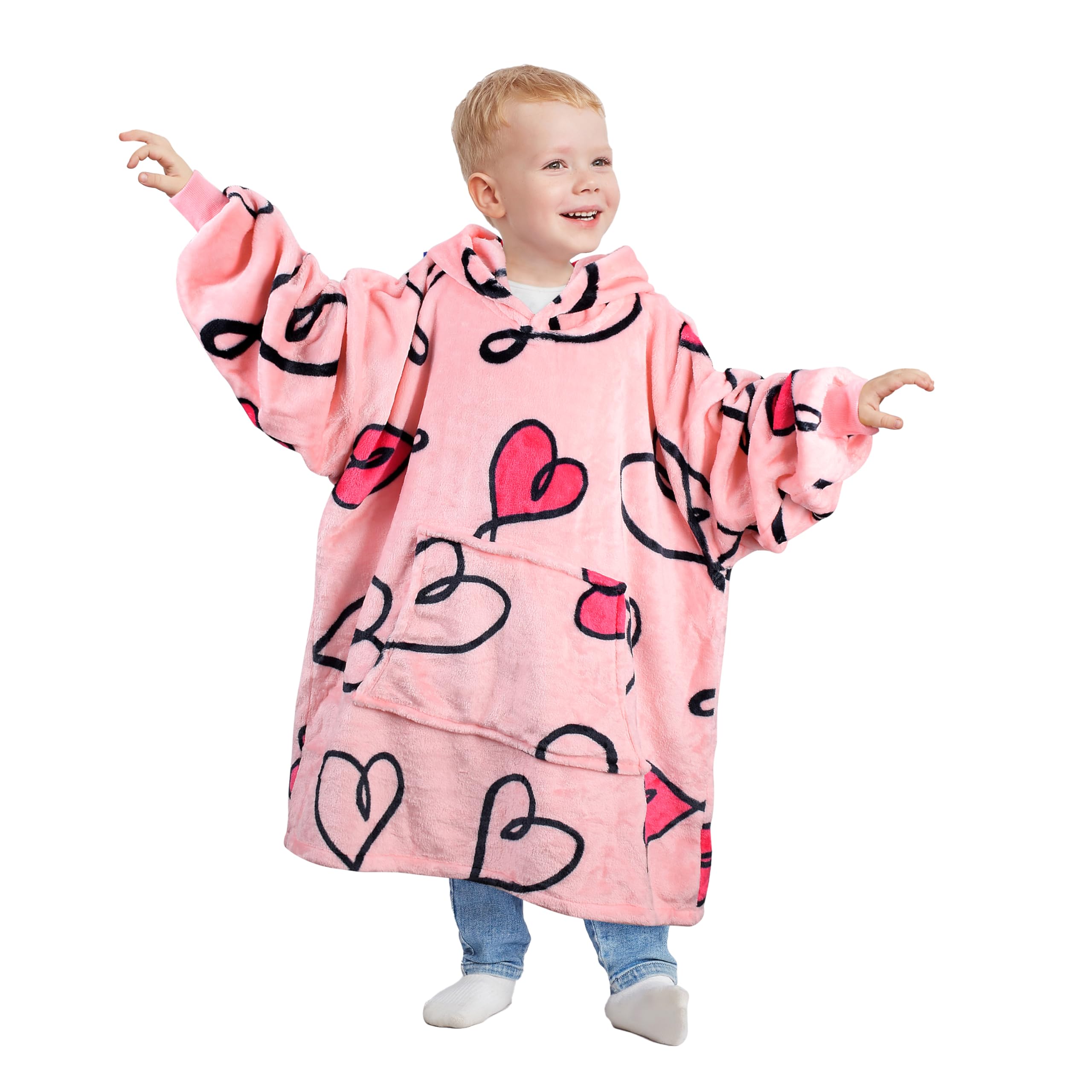 Catalonia Classy Unisex Kids Heart Pink Oversized Hoodie Blanket Kids, Soft Fluffy Fleece Wearable Blanket For 110-150 Cm Girls Boys, Cosy Warm Snuggle Hoodie For Gift,