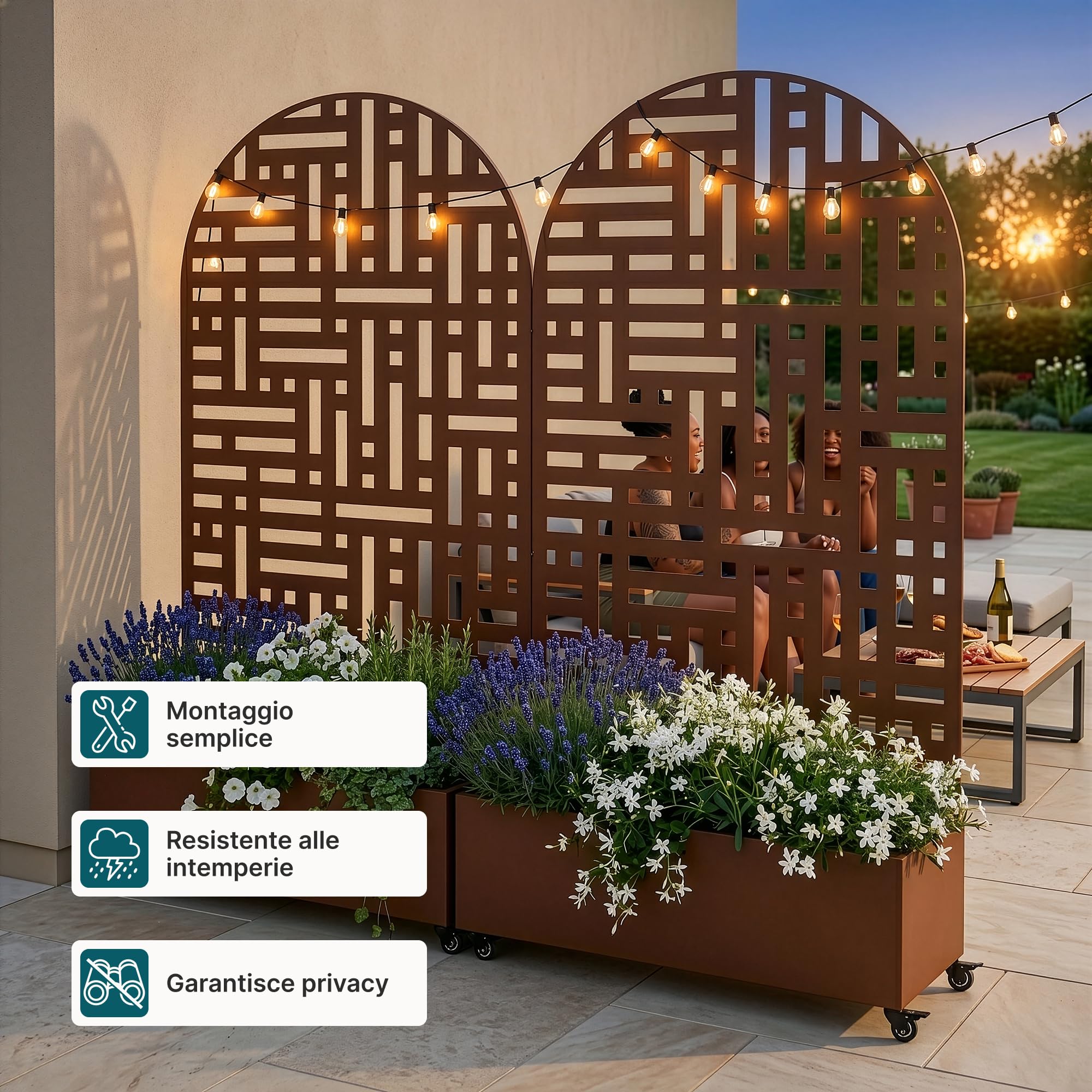 casa.pro Fioriera con Spalliera Arcuata in Acciaio 190x120x38 cm Marrone | Zincato Pannello Divisorio Decorativo Portapiante a Rotelle Separè Privacy Ruote da Interno Esterno Giardino Terrazza