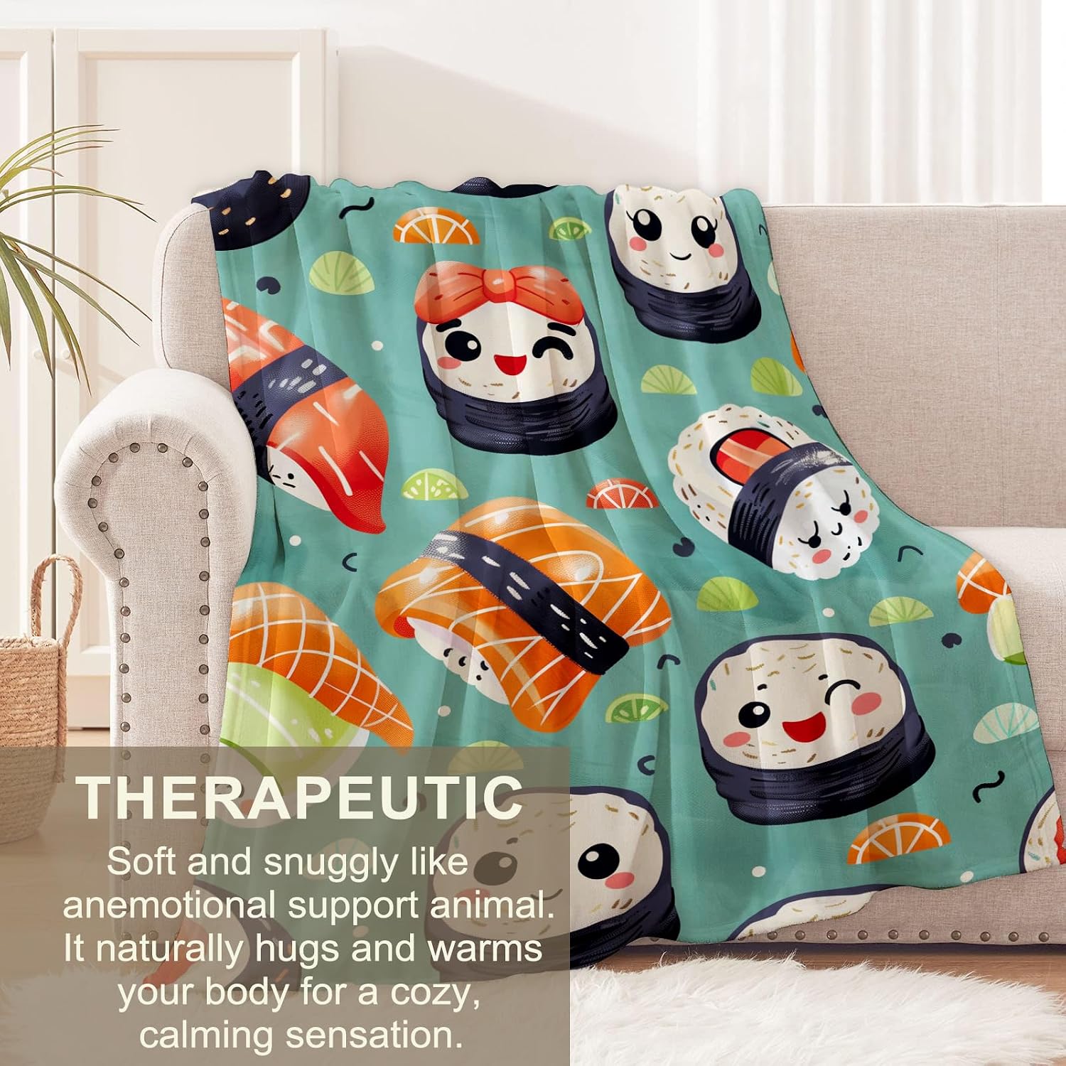 Sushi Blanket for Adults Kids, Flannel Sushi Blankets Gifts, Japanese Food Sushi Throw Blanket for Sofa Couch Bed Living Room Soft Warm Cozy Sushi Decor 60" x 50"