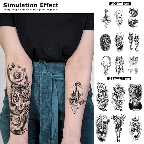 Miniatura 5 de YOEMTAT - 34 hojas de animales salvajes león lobo y tigre impermeable calcomanías temporales para mujeres hombres y adultos 12 hojas calavera