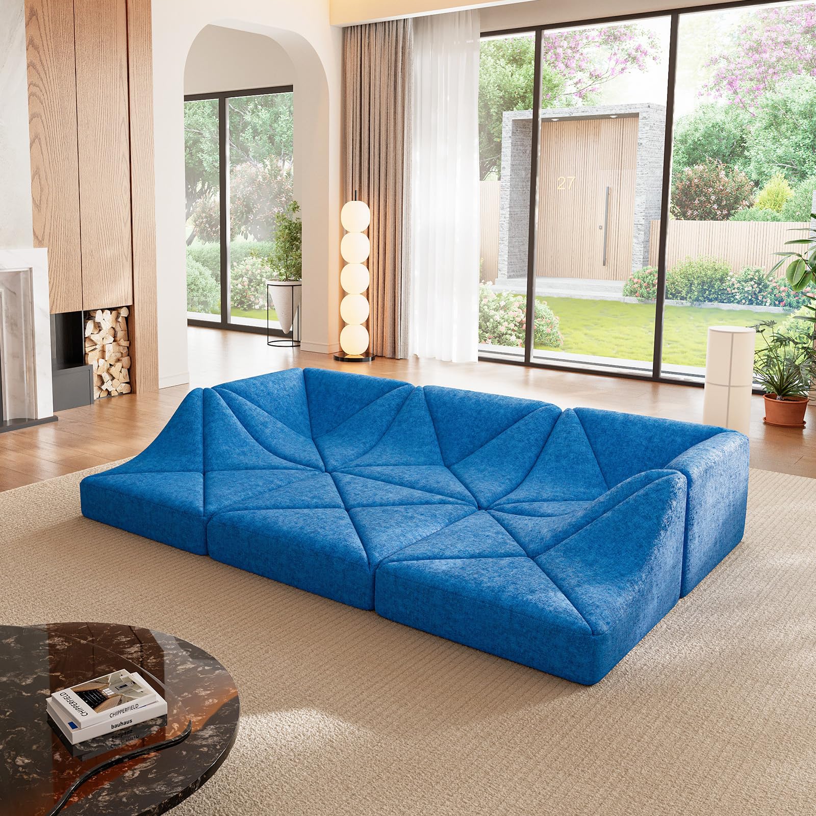 Dune Modular Sectional Sofa, Chenille Cloud Couch, Low Profile Floor Sofa Set, DIY Convertible Sectional Couch for Living Room, Royal Blue, 6 Pieces