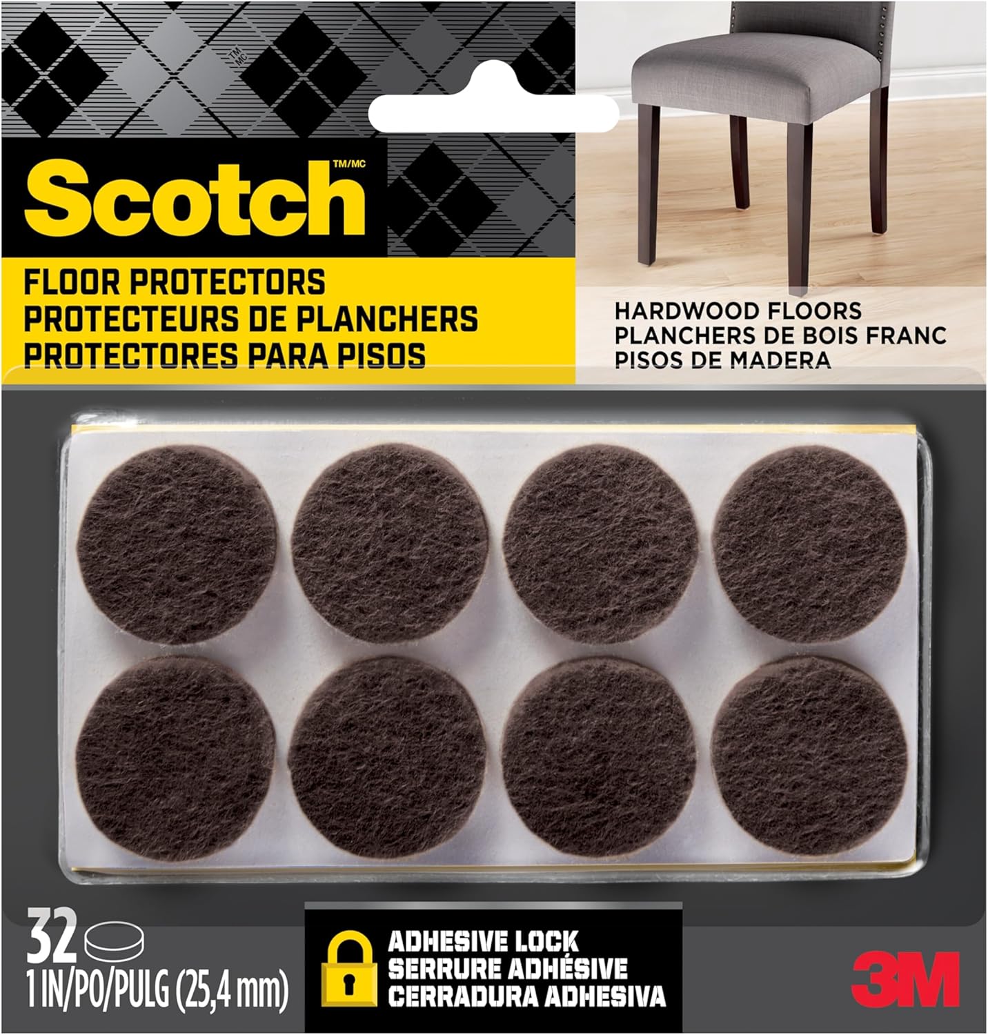 Scotch Brown Felt Furniture Pads, 32-Pack 1" Round Self-Stick Protectors for Hardwood Floors - Prevent Scratches, Dents & Nicks (SP822-NA)