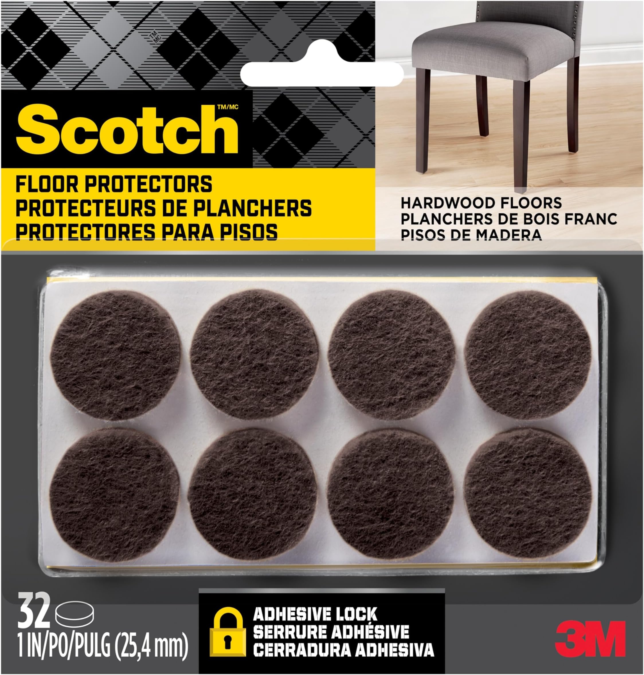 Scotch Felt Pads 32 PCS Brown, Felt Furniture Pads for Protecting Hardwood Floors, 1" Round, Easy-to-Apply, Self-Stick Design, Reliable Protection from Nicks, dents and Scratches (SP822-NA)