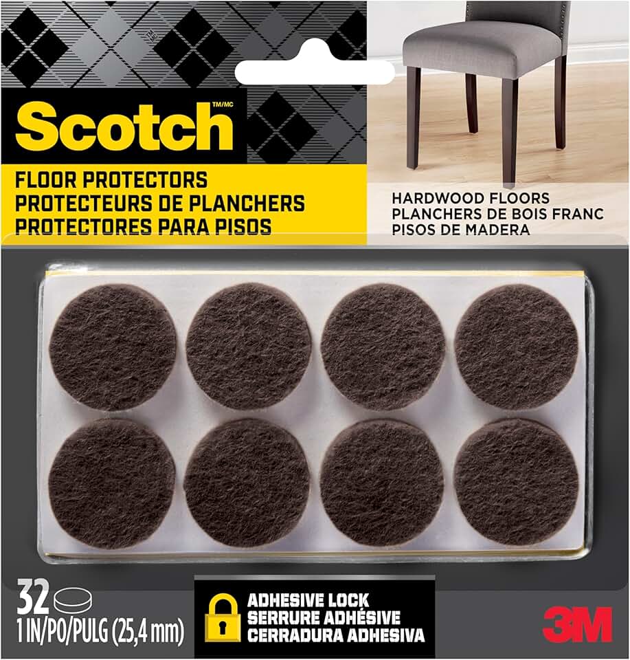 Scotch Felt Pads 32 PCS Brown, Felt Furniture Pads for Protecting Hardwood Floors, 1" Round, Easy-to-Apply, Self-Stick Design, Reliable Protection from Nicks, dents and Scratches (SP822-NA)