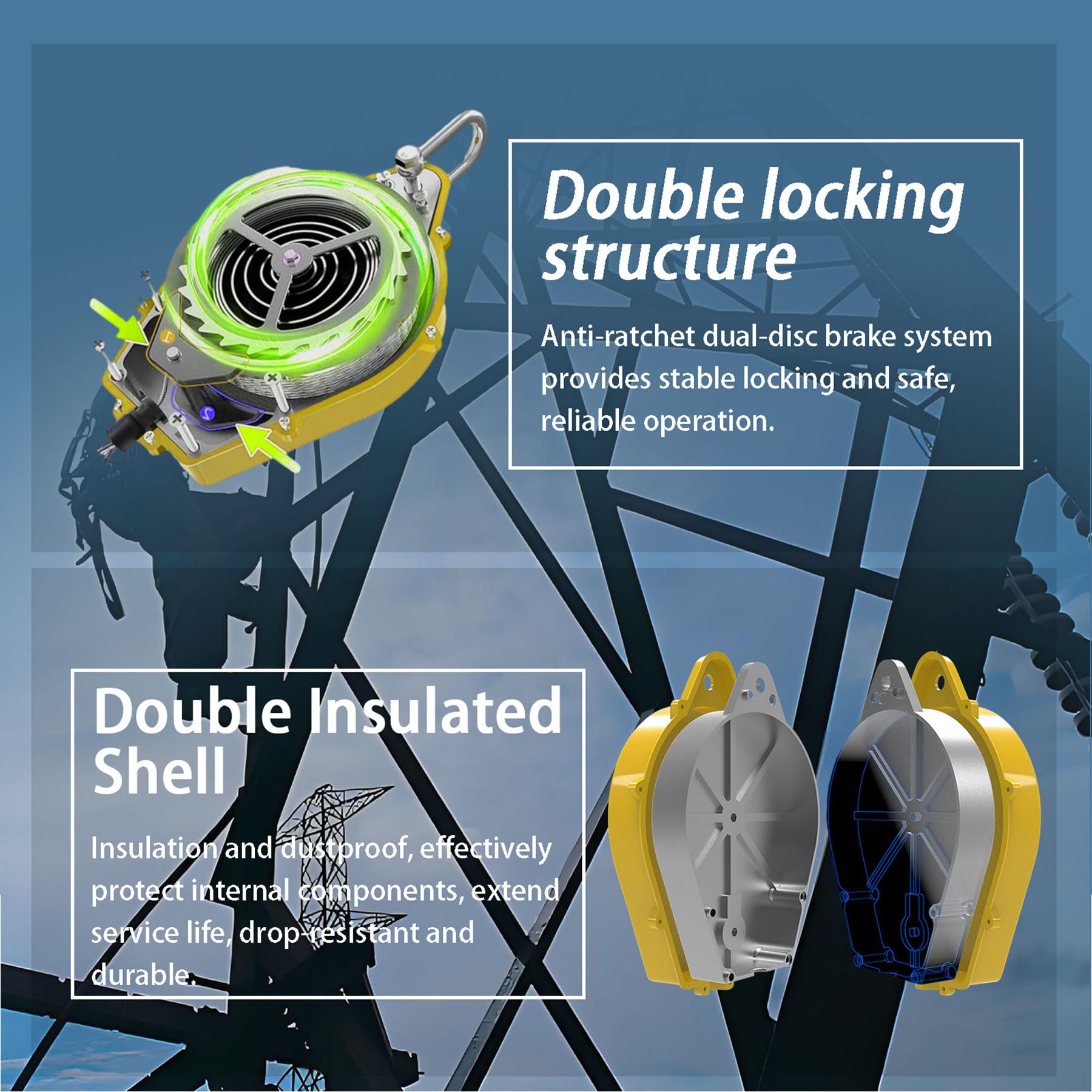 Dispositivo Anticaidas Retráctil Seguridad, 3-20m Linea de Vida Retractil Homologado con Gancho Autoblocante, 150KG Verde/Amarillo Limitador de Caída Personal para Trabajos Aéreos (Amarillo, 10m)