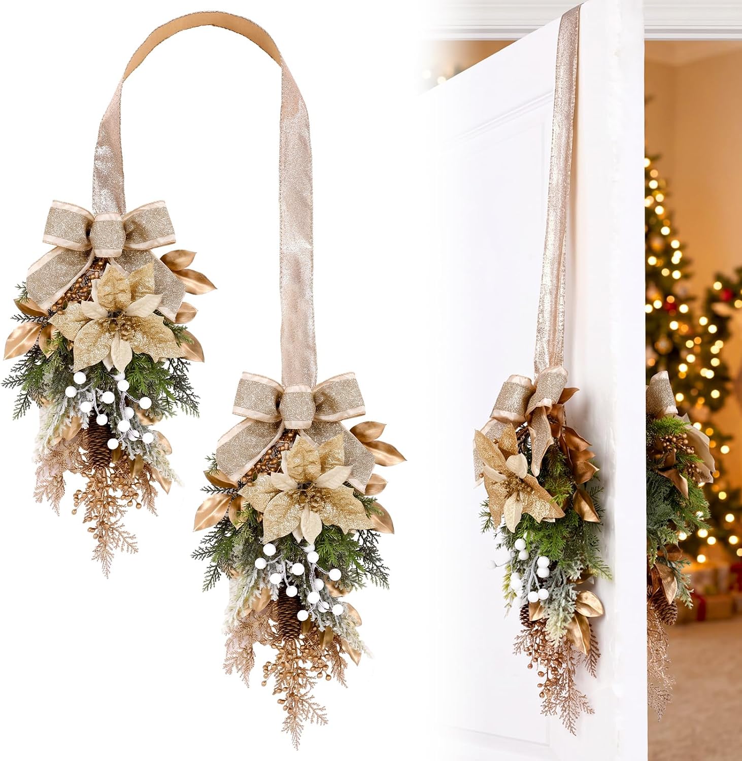 Dingion Christmas Teardrop Swag with Bow, Christmas Pine