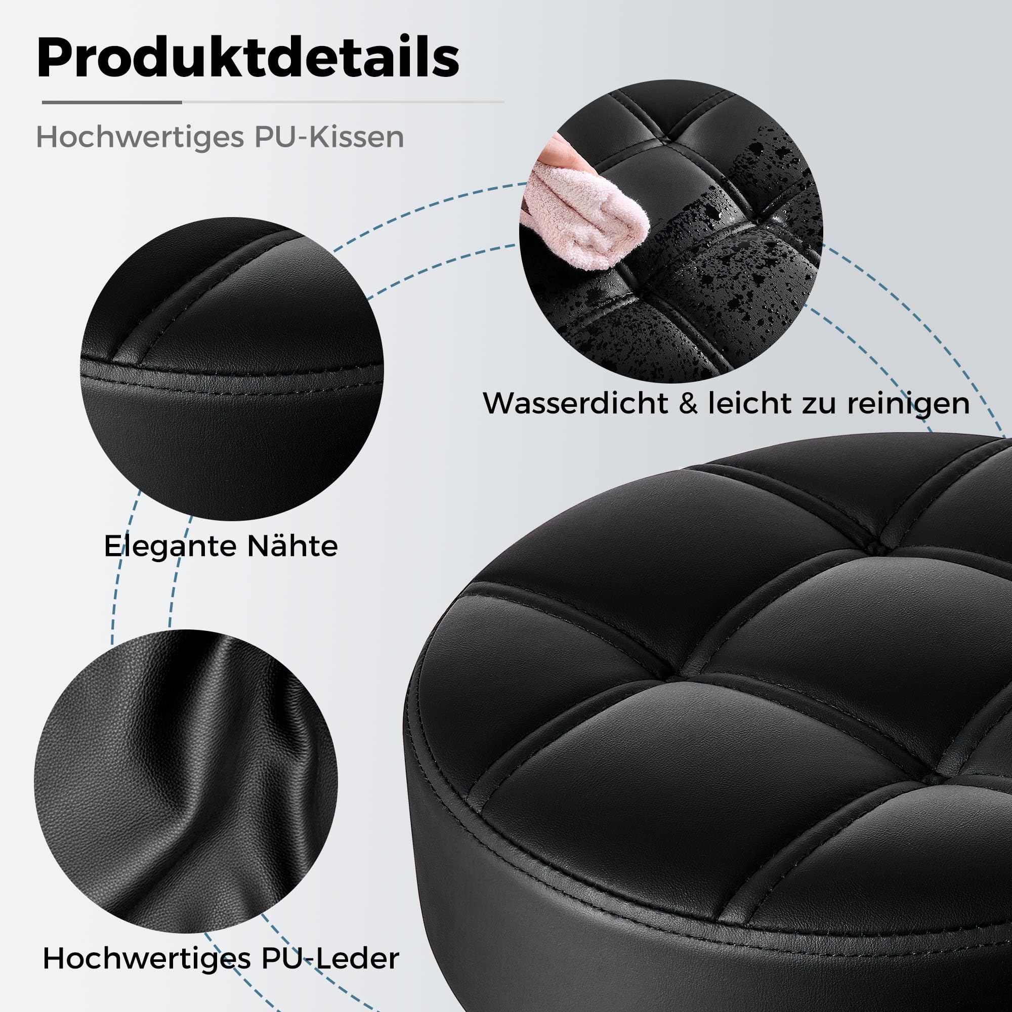 BEWISHOME Rollhocker mit Rollen,Verstellbarer Hocker für hohe Belastungen bis 200 kg,360° Drehhocker Hocker für Salon,Spa PU-Sitzpolsterung (schwarz) EBYD01B