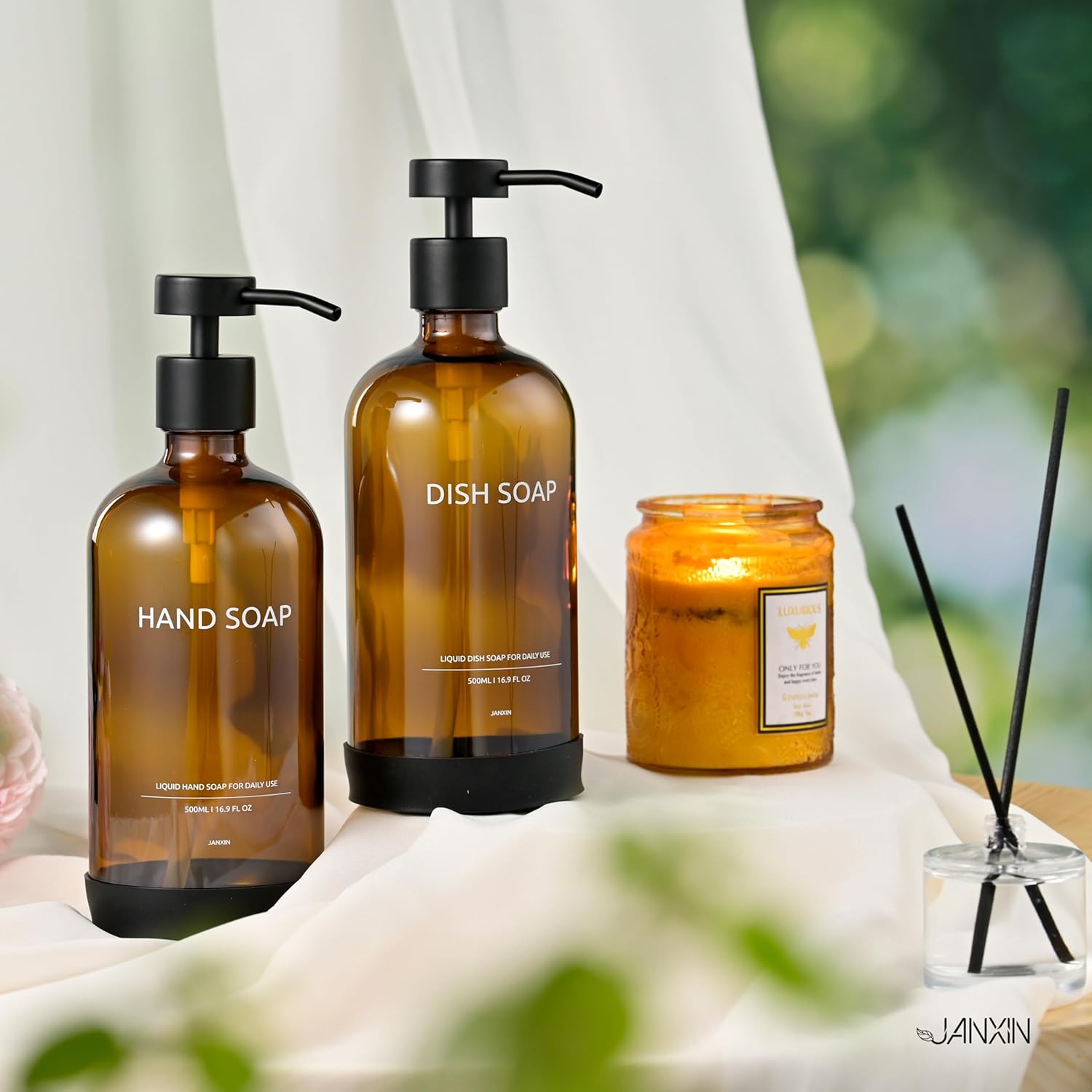 Glass Kitchen Soap Dispenser Set with Ceramic Tray,16.9 floz Hand and Dish Soap Dispenser for Kitchen and Bathroom Decor (Amber Bottles + Black Pumps) - Image 5