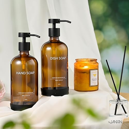 Miniatura 5 de Juego de dispensador de jabón de cocina de vidrio con bandeja de cerámica, dispensador de jabón de manos y platos de 16.9 onzas para decoración de