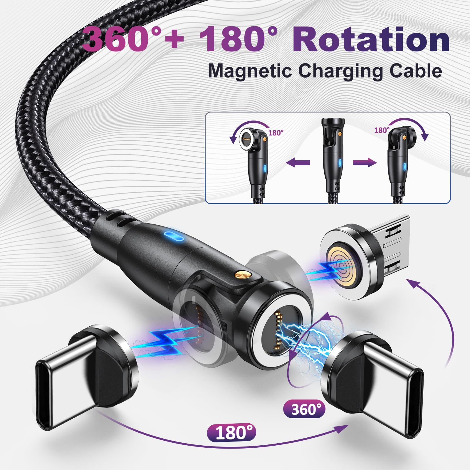 VAFOTON 9Pin 60W Caricabatterie Magnetico Tipo C, 540° Trasferimento Dati Ricarica Rapida 3A Cavo Magnetico[2Pcs, 2m/1m],6 in 1 Cavo da USB C/A a Typ C, Compatibile di Tipo C/Micro USB/i-Product