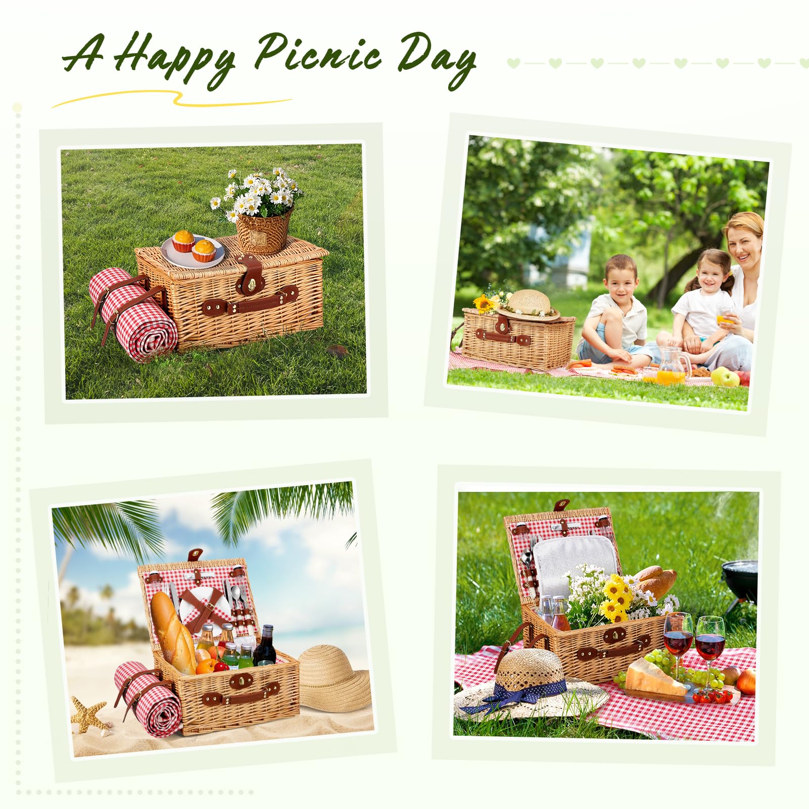 Cestino da Picnic in Vimini per 4 Persone, Cesto Picnic Vintage, con Scomparto Termico, Coperta Impermeabile, Posate, per Campeggio, Festa all'Aperto, Spiaggia, Rosso