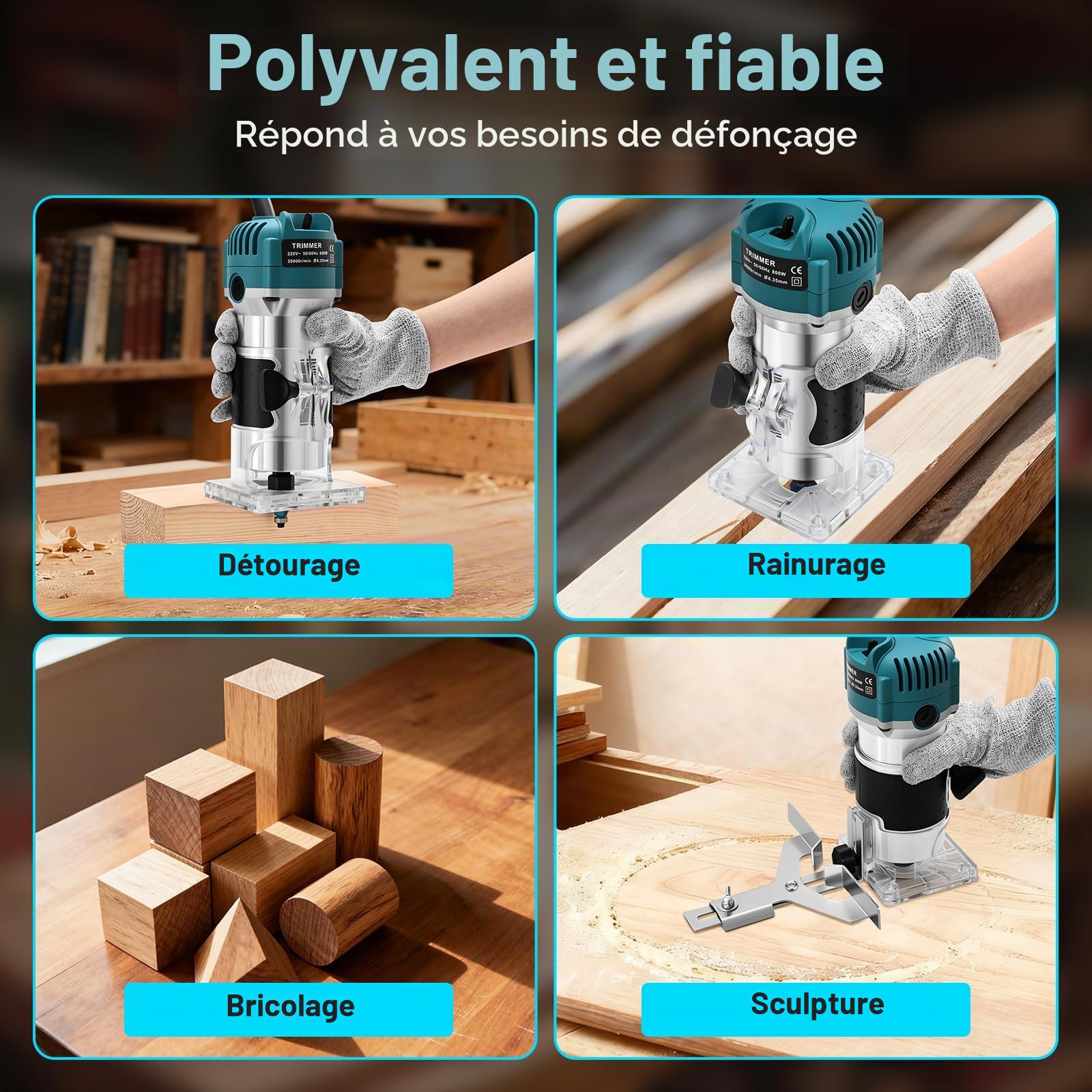Affleureuse a Bois 800W, 30000tr/min Defonceuse Électrique, Réglage de la Profondeur, Boîtier en Aluminium, Fraiseuse Bois avec 15 Pièces Fraises à Défoncer Queue de 1/4" (6,35mm)