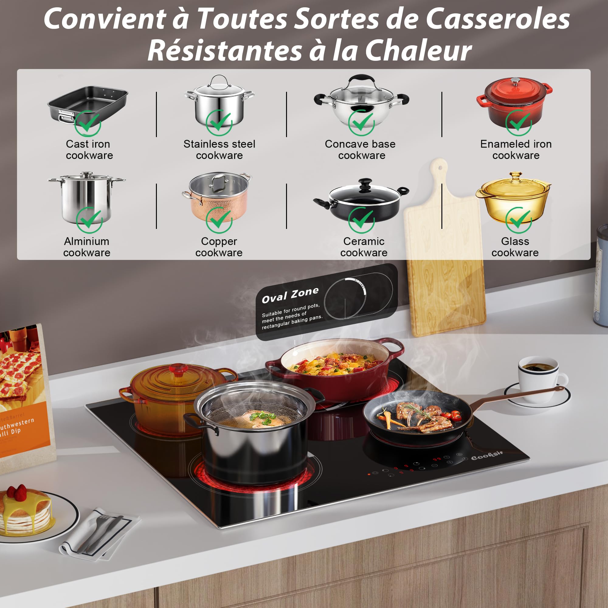 Plaque Vitrocéramique 4 Feux avec Zone Ovale | Plaque de Cuisson Electrique Encastrable 60cm, avec Cadre Métallique, 6700W, Minuterie, Verrouillage de Sécurité, 220V