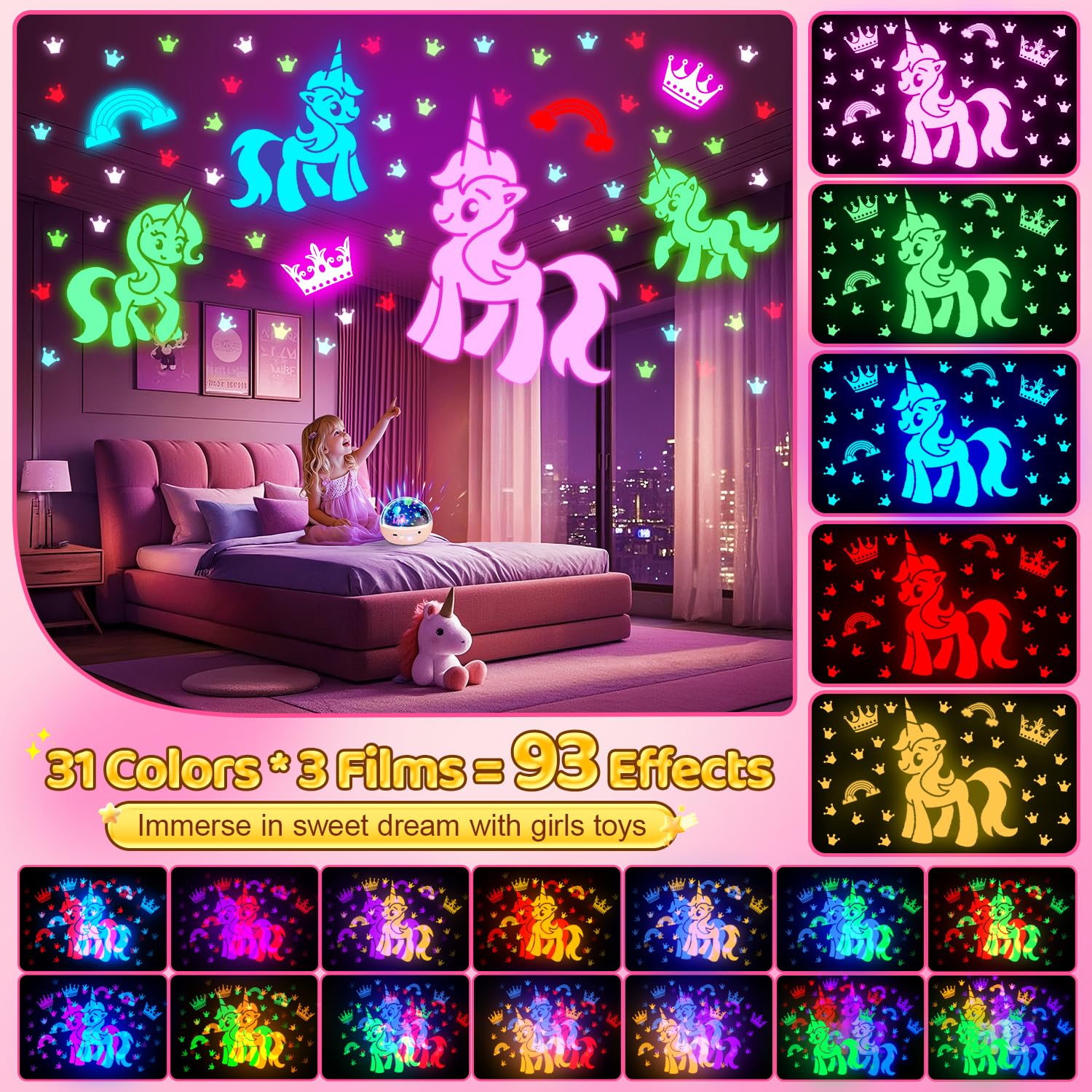 COOLNIGHT Unicorn Gifts for Girls Toy,93 Modes+Remote Unicorn Toys, 3 Timer & 3 Brightness Baby Gifts for 4 Year Old Girl - Image 3