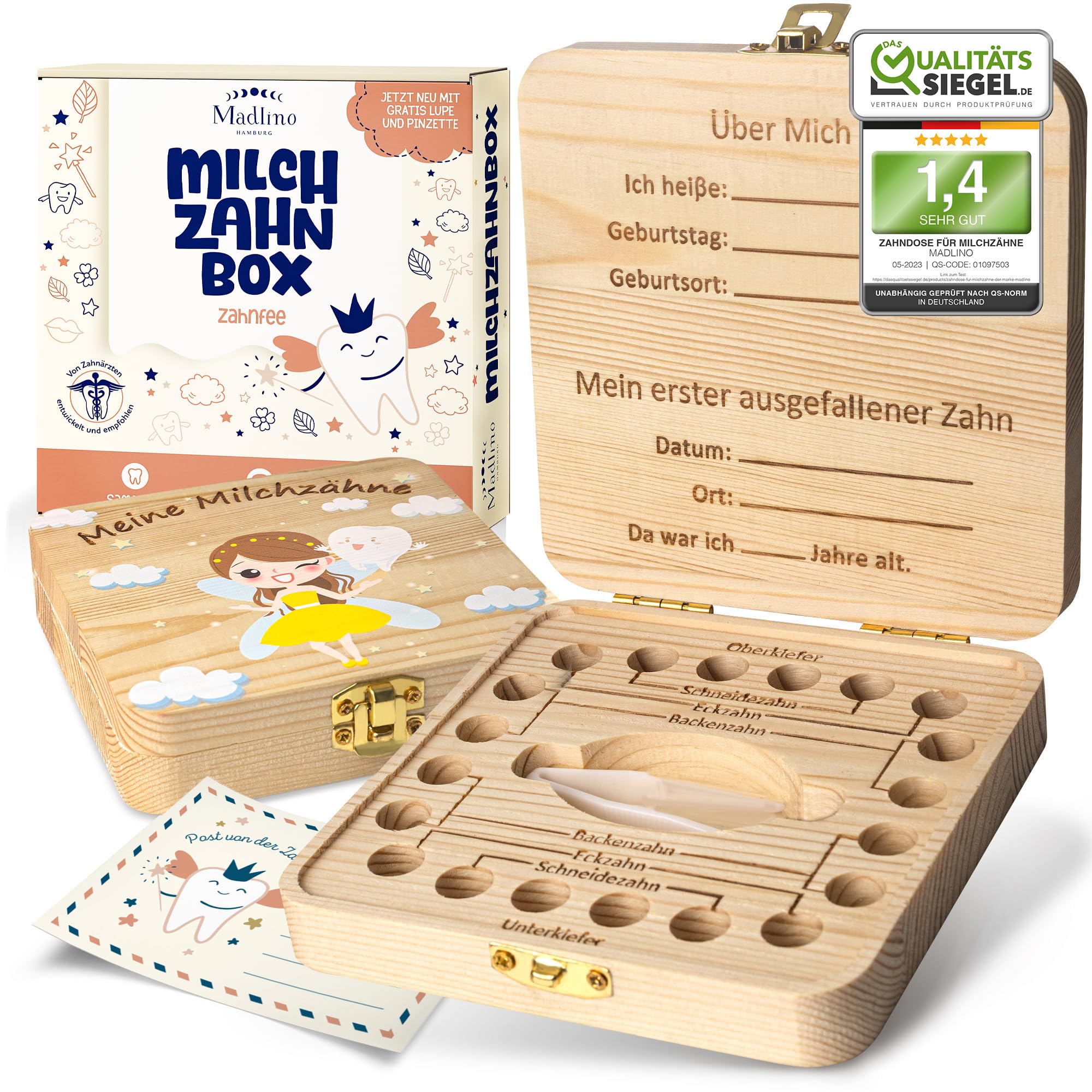 Madlino® Zahndose Milchzähne Mädchen & Jungen inkl. Zahnfeebrief & Lupe - Milchzahndose personalisiert aus Holz - Zahnfee Geschenke - Zahnbox Milchzähne - Die Zahnrettungsbox für den Wackelzahn