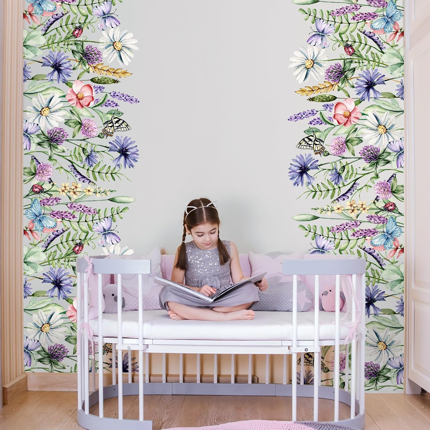 10.8x67.3inch Removable Garden Flower Wall Decal, Peel and Stick Colorful Floral Corner Mural Sticker with Butterflies for Kids Room, Nursery, Bedroom, Living Room, Classroom Decor Decoration - Image 8