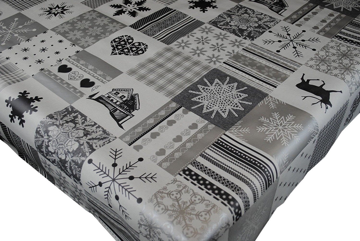 Karina Home Swiss Christmas Patchwork Silver PVC Wipe Clean Tablecloth 200cm x 140cm Wipe Clean