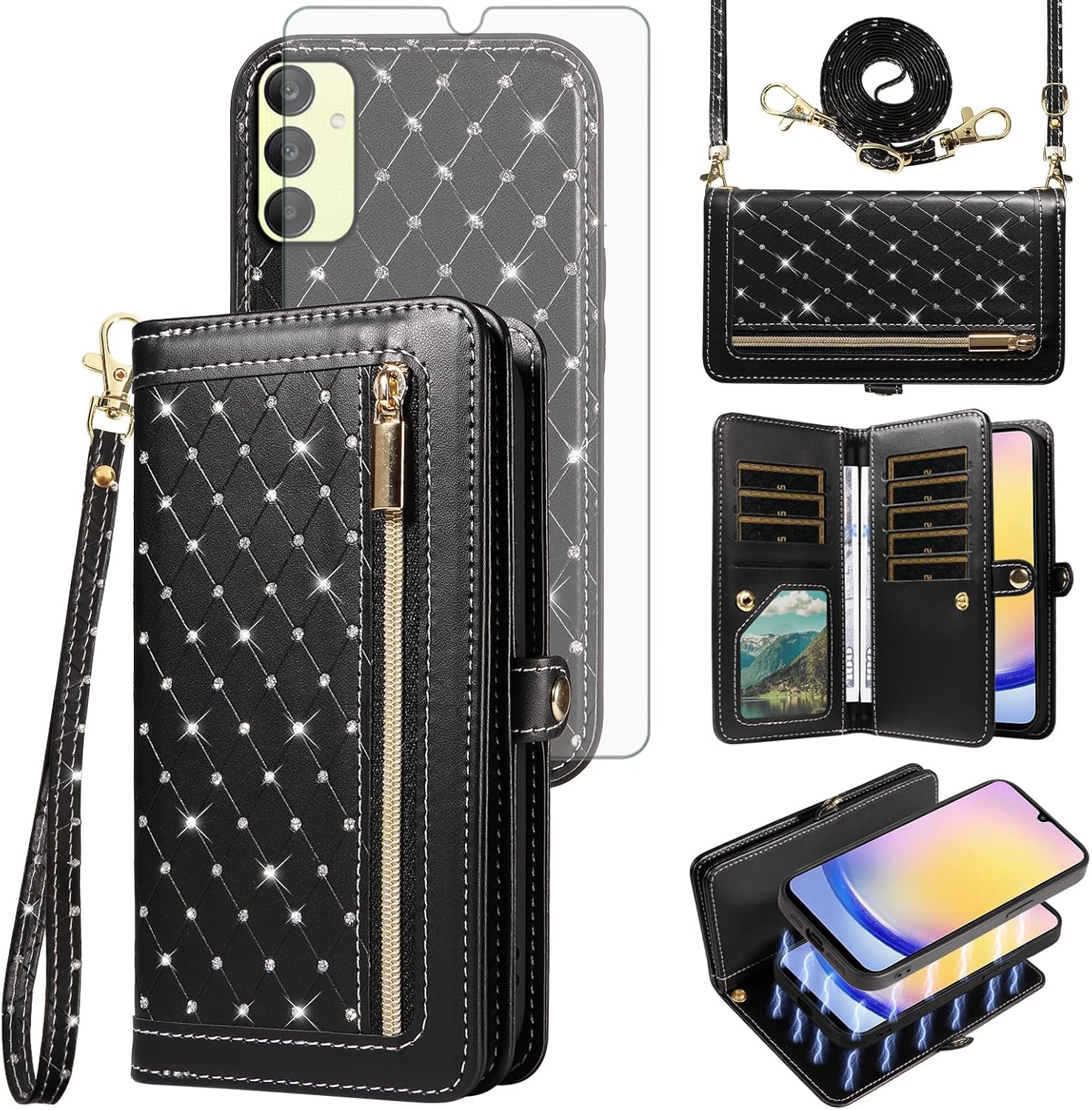 Asuwish Phone Case for Samsung Galaxy A25 5G/A24 4G/M34 /F34 Zipper Wallet Detachable Cell Cover with Screen Protector Crossbody Strap Bling Flip Credit Card Holder A 25 25A 24A LTE Women Girls Black