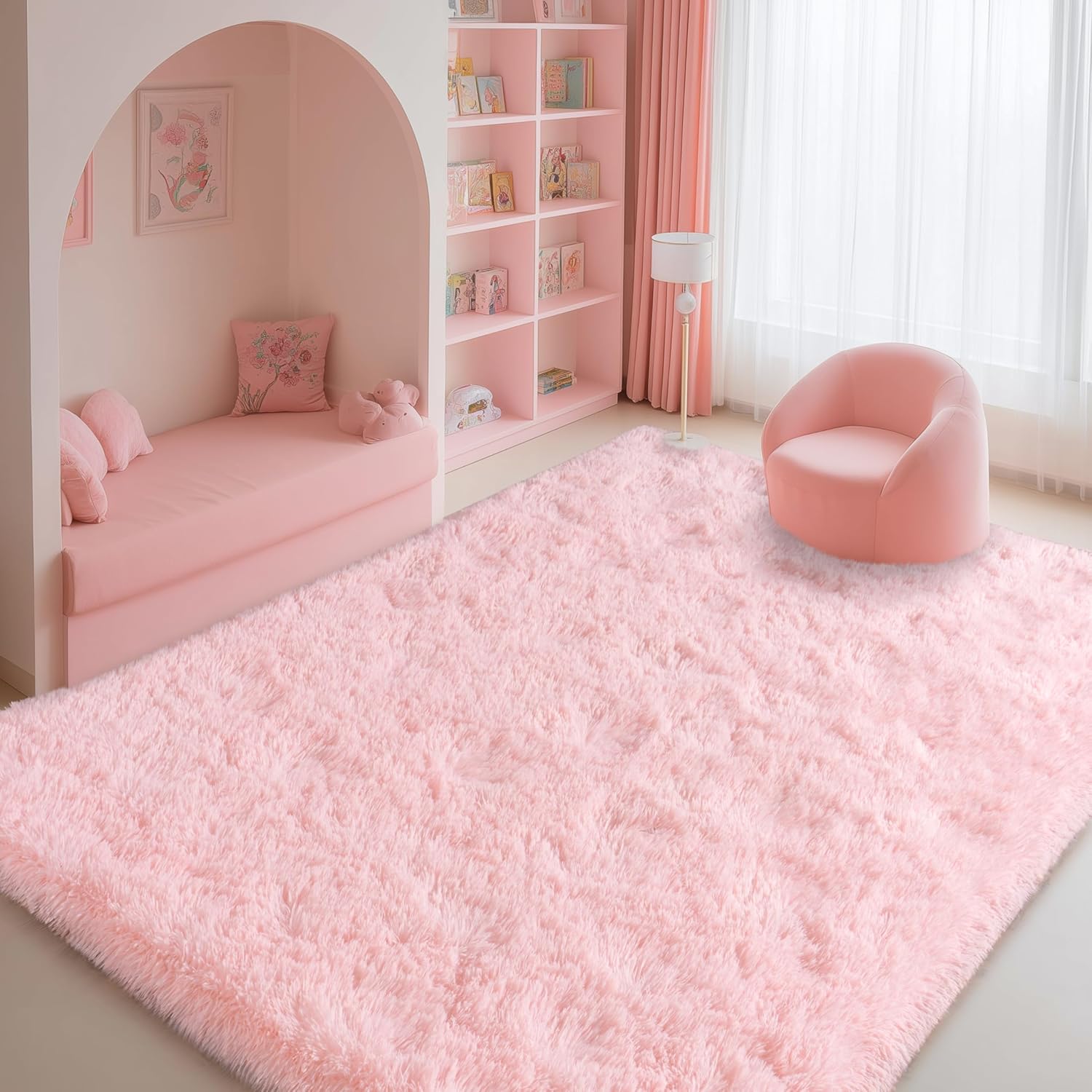 Pink Rugs for Bedroom Girls, 4x5.9 Shag Carpet for Living Room, Fluffy Shaggy Area Rug for Kids Room, Soft Non Slip Aesthetic Decor for Home