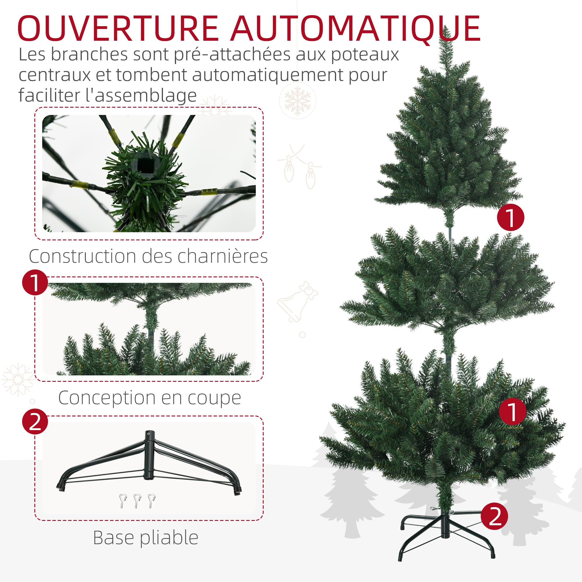 HOMCOM Sapin de Noël Artificiel 120H cm Pied Croix Acier Amovible Vert