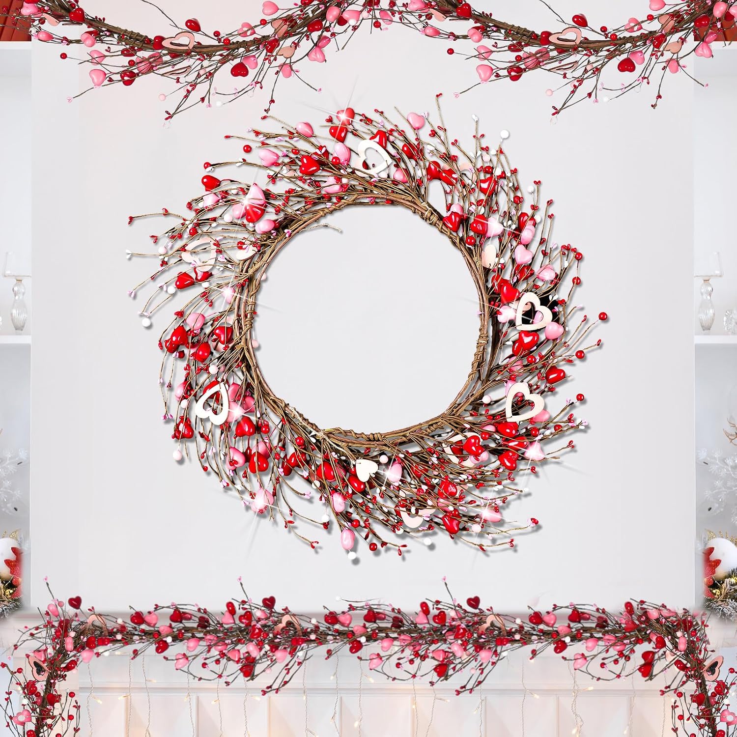 Hotop 6 Feet Valentine's Day Berry Garland Red Pink Galentines Day Artificial Garland with Handmade Foam Hearts Decorations for Mantle Fireplace Valentines Heart Table Decor Wedding Wreath DIY Craft