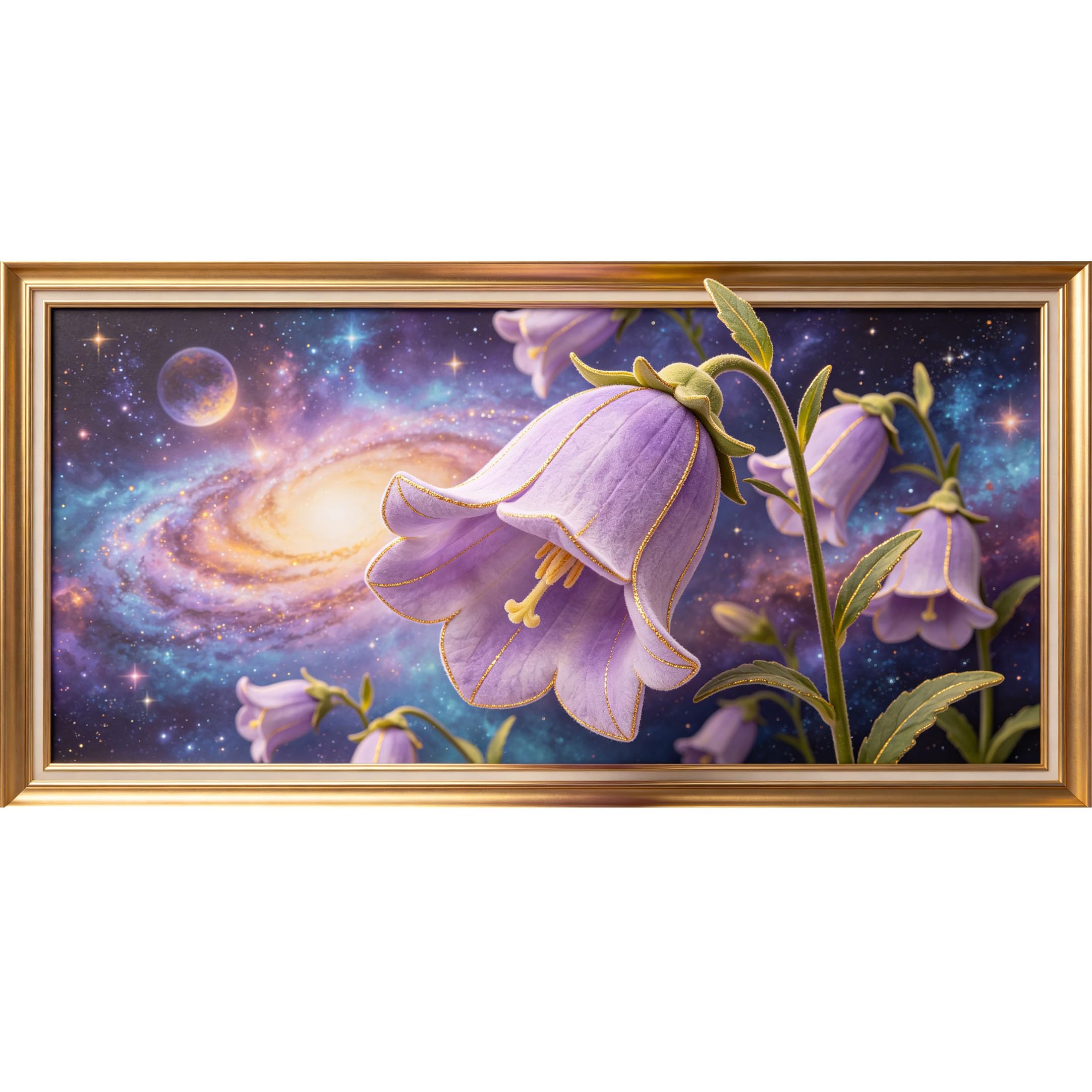 Agglomerix 3D Framed Wall Art Purple Bellflower Galaxy Botanical Watercolor Large Size Self-Adhesive Removable Wall Decor Prints Artwork for Living Room Bedroom Office