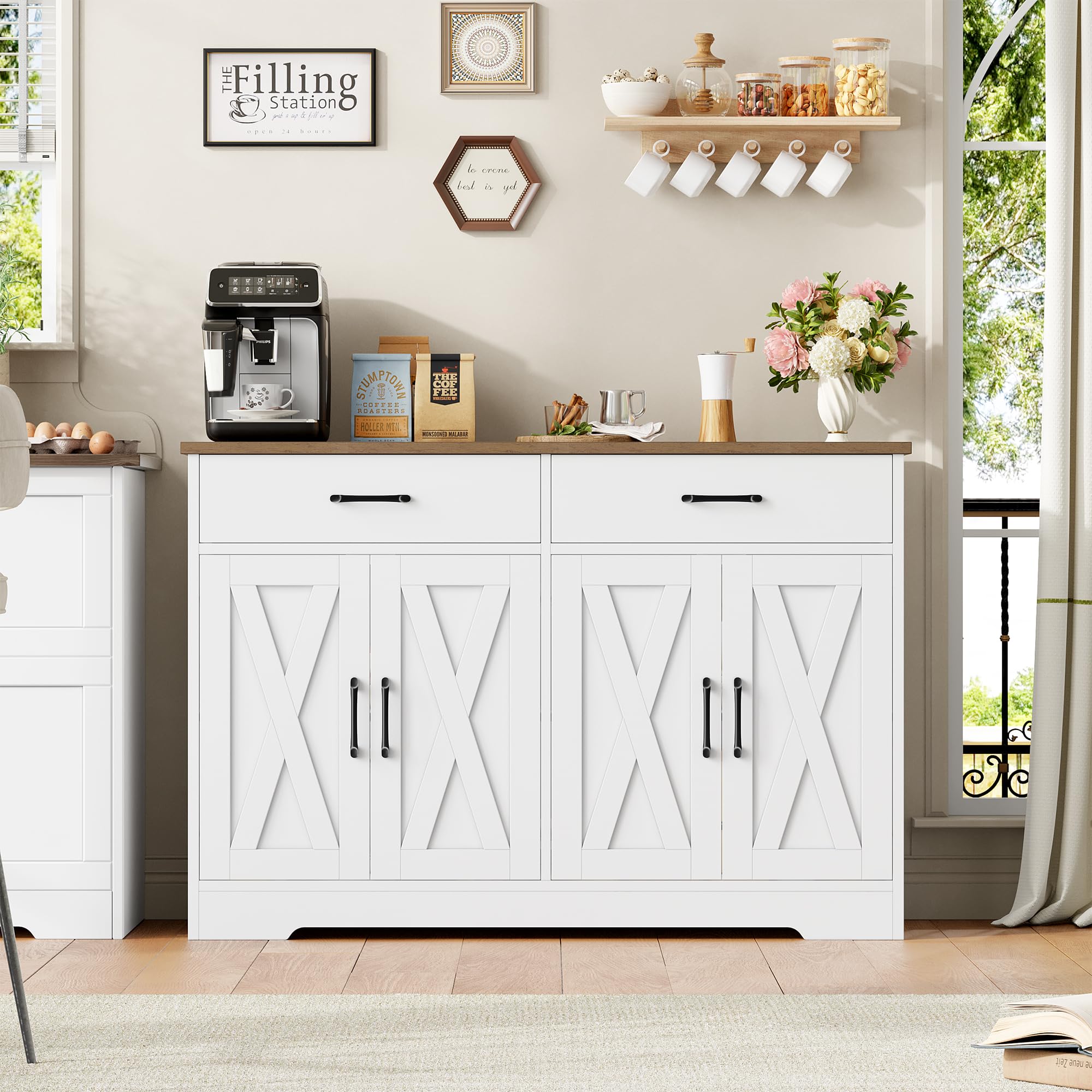 HOCSOK Aparador de 120 cm de Ancho, Armario de Cocina con encimeras, Armario de Cocina Buffet con 2 cajones y 4 Puertas, salón, Cocina, Pasillo (Blanco y Marrón)