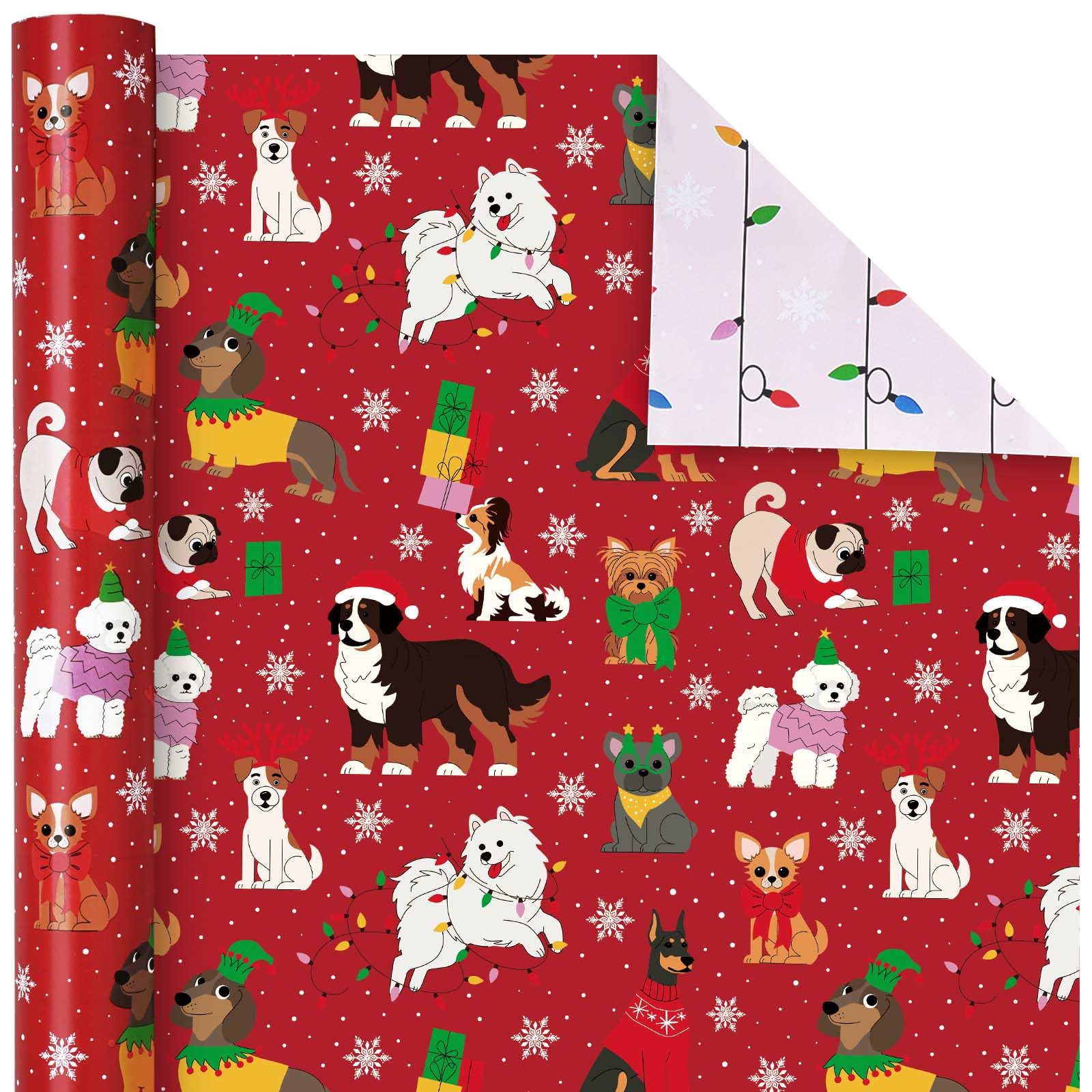 BIOBROWN Reversible Dog Christmas Wrapping Paper Roll Pet,43cm x 10m