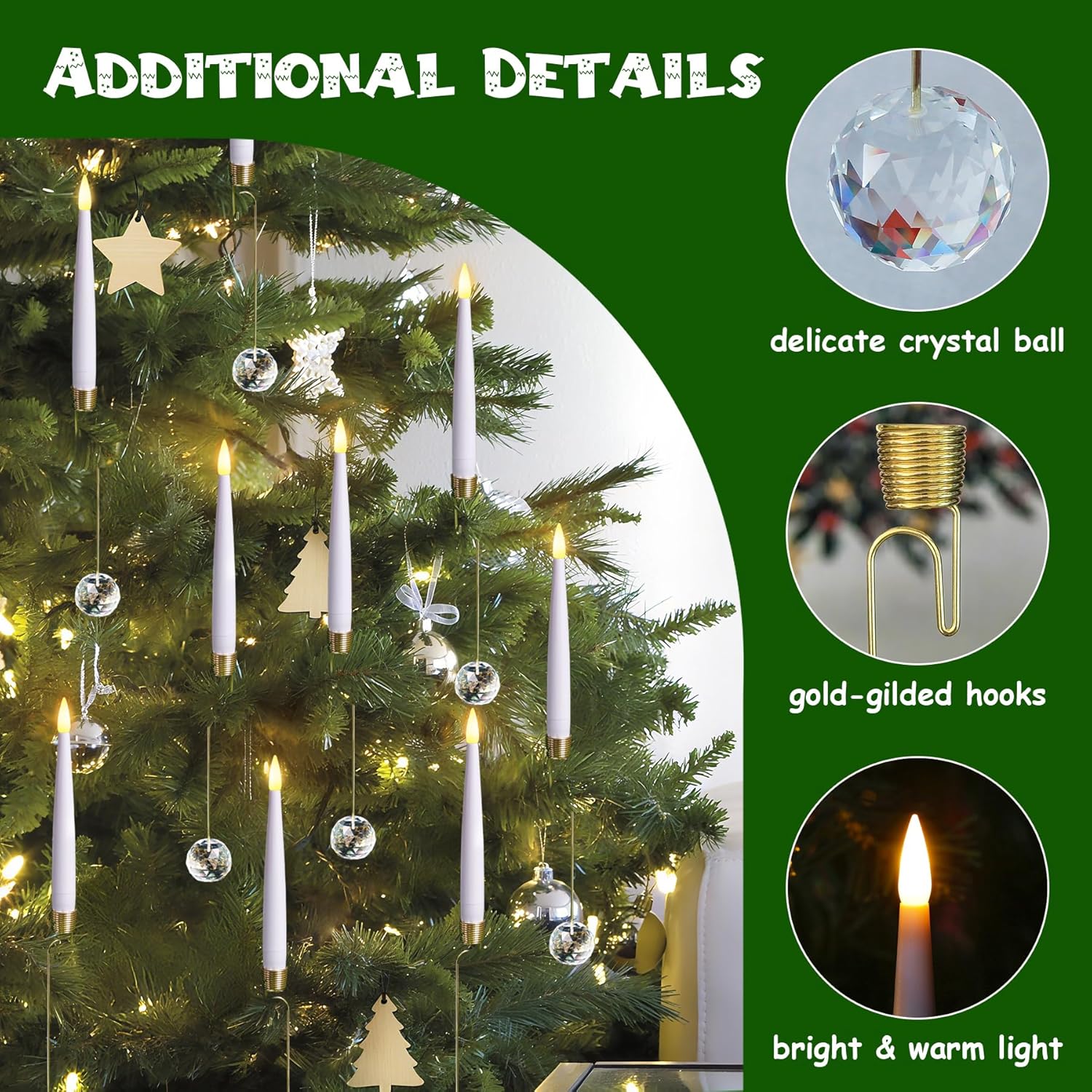 Set of 12 Flameless White Plastic 0.5" x6" Taper Candles for Tree with Remote and Timer, LED Flickering Battery Operated Warm Glow for Festival Decor with Clear Crystal Ball Hook