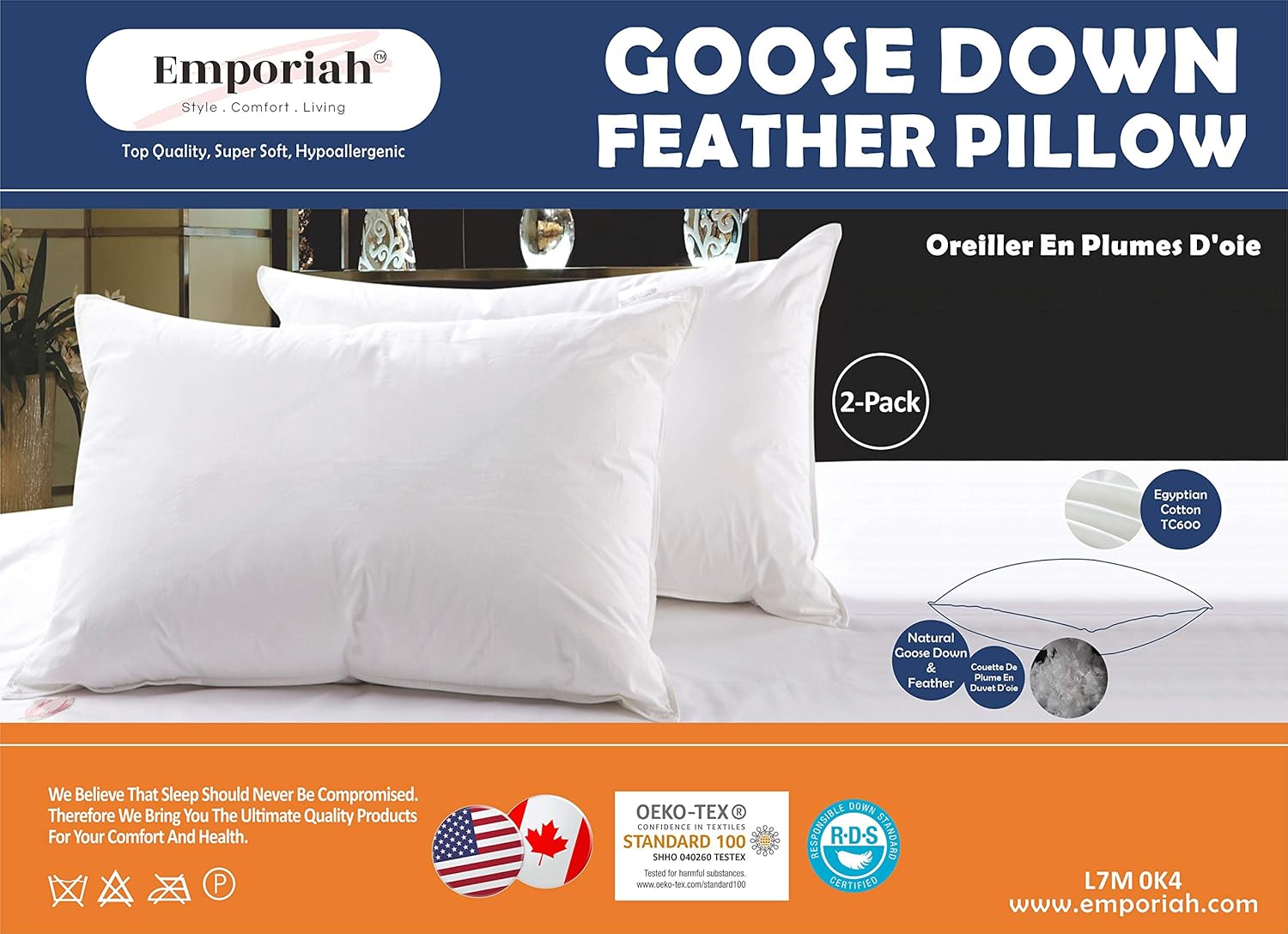 2pk Goose Feather Down Pillows Luxury TC600 Pillow 50x75cm Deluxe Best