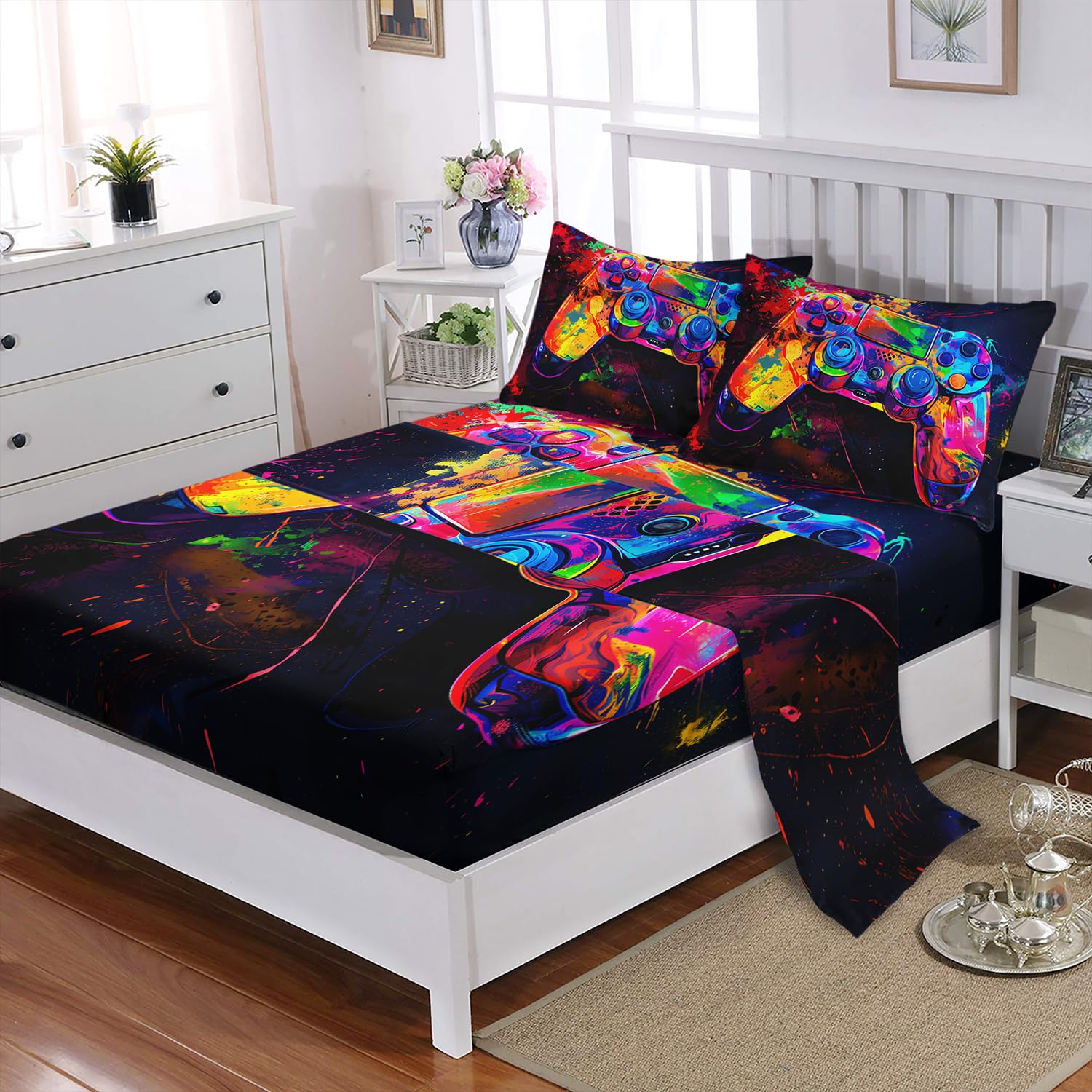XYNHML Graffiti Gamer Console Sheet 4Pcs Full Games Contoller Sheet Video Game Gamepad Bedding Set for Kid Teen Boy Girl Adult Tie-dye Bed Decor with 1 Flat Sheet and 1 Fitted Sheet+2 Pillowcases