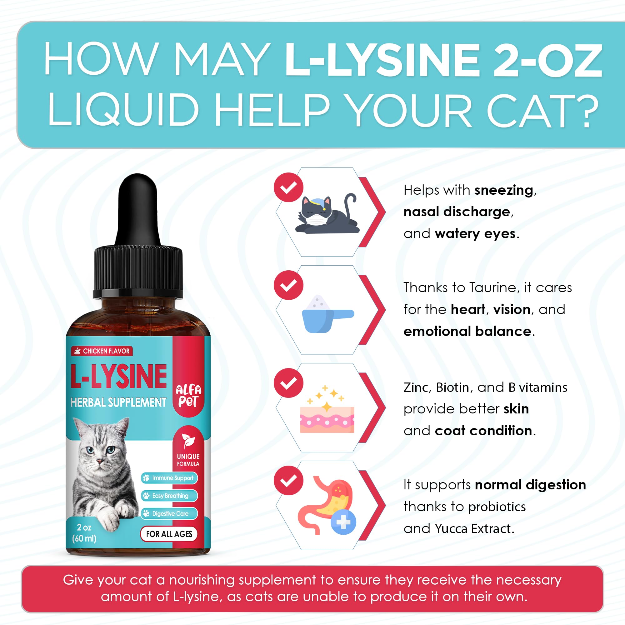 L Lysine for Cats with Taurine & Probiotic – A and B Vitamins Help with Watery Eyes, Sneezing, Cough, Allergies – Feline Upper Respiratory Supplement Works as a Natural Antibiotic for Cats – 2 Oz — Amazon image 2