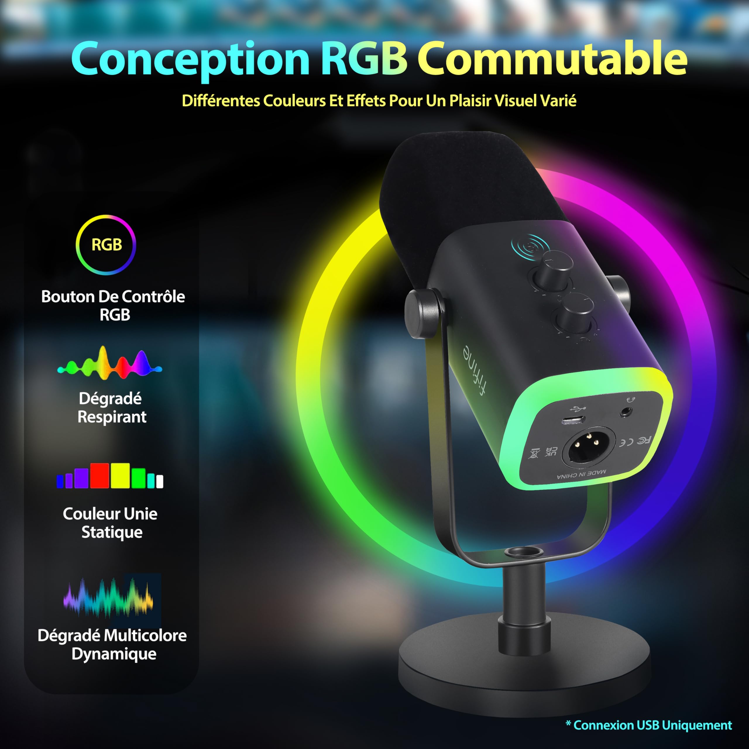 FIFINE USB XLR Gaming Micro Dynamique pour PC, RGB Streaming Microphone pour Podcasting, Broadcasting, Enregistrement Vocal, pour PS4/5 Mac PC Mixer Cartes Son
