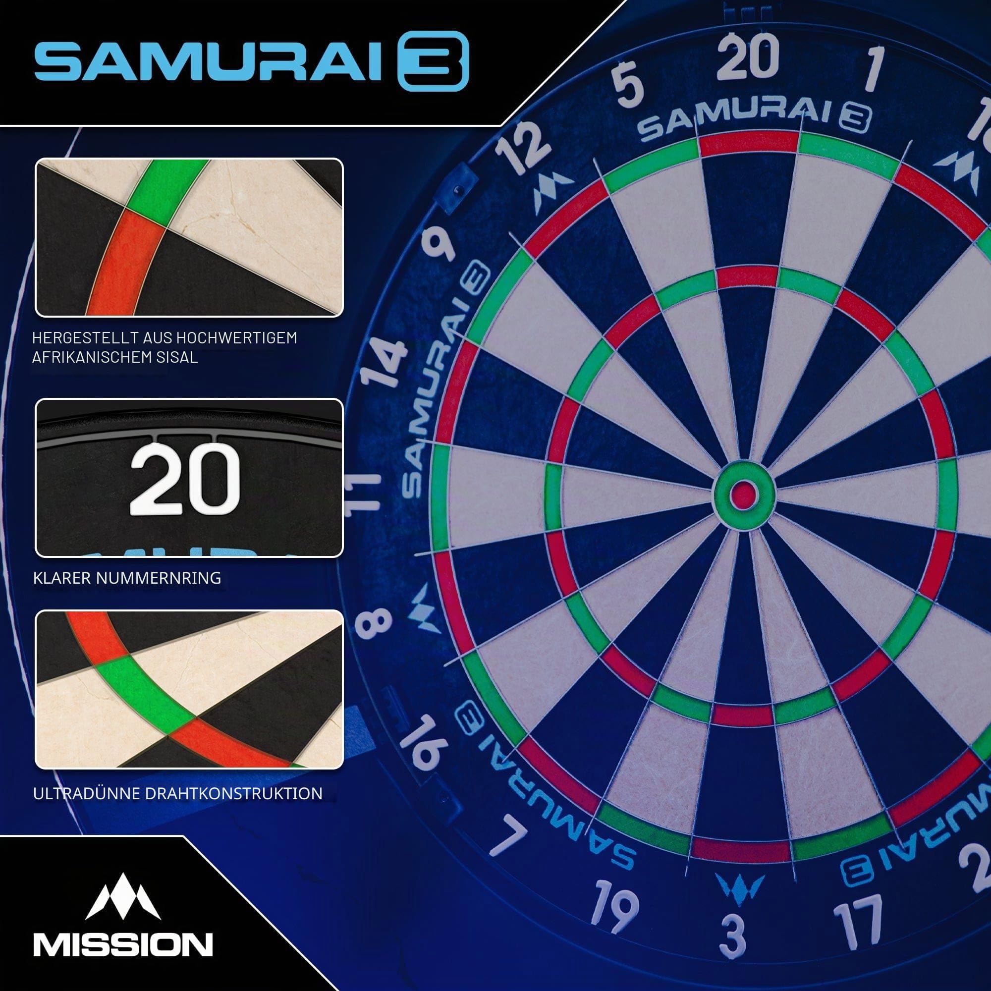 Mission Darts | Samurai 3 | Professionelles Borsten-Dartboard | Messerdraht | Schwarzer Zahlenring