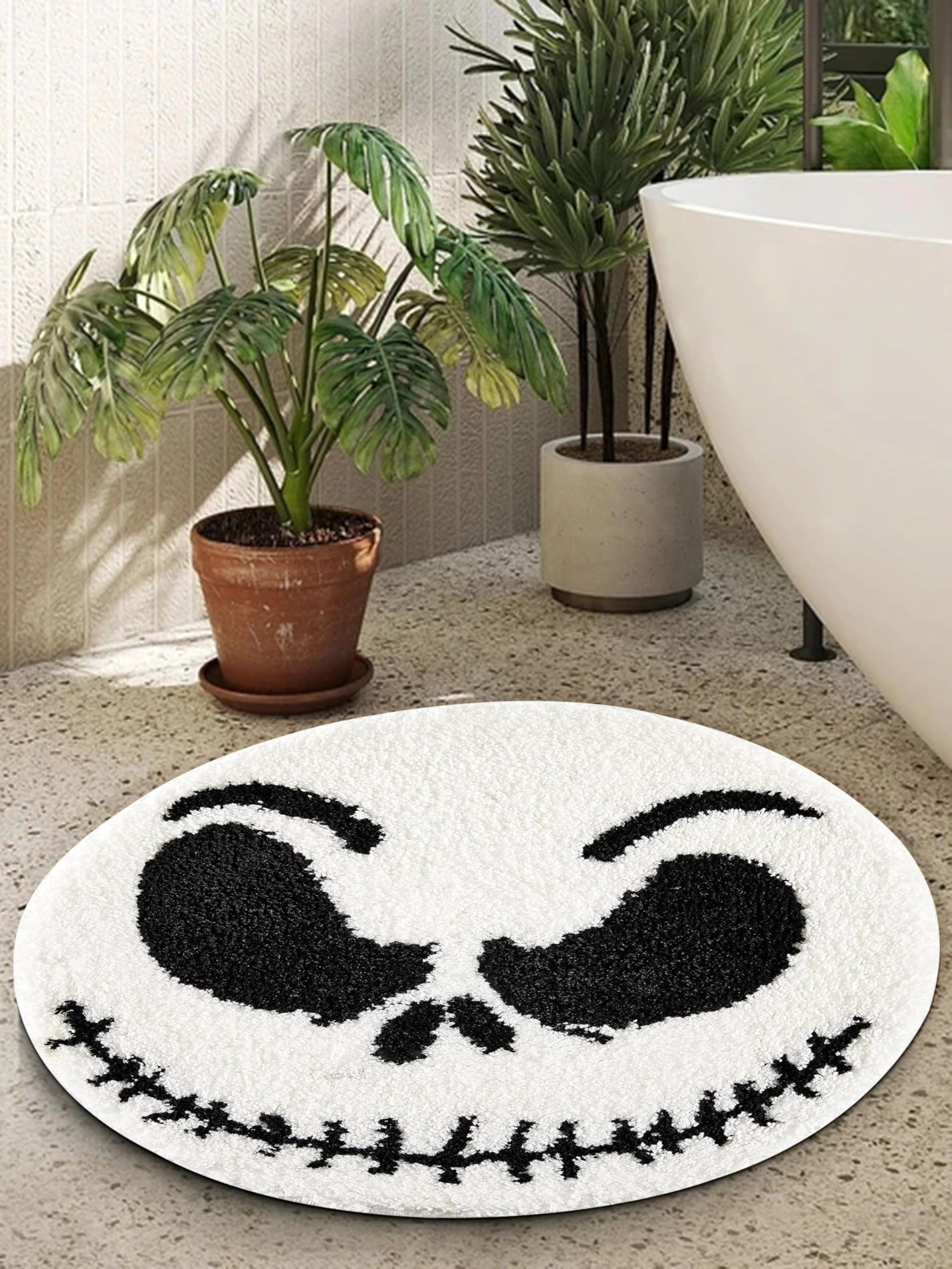 Ouyattle Jack Skellington Halloween Round Bathroom Rugs Mat 2ft, Non-Slip Machine Washable Soft Absorbent Shaggy Bath Rug Spooky Creepy Cute Halloween Bathroom Shower Floor Mat