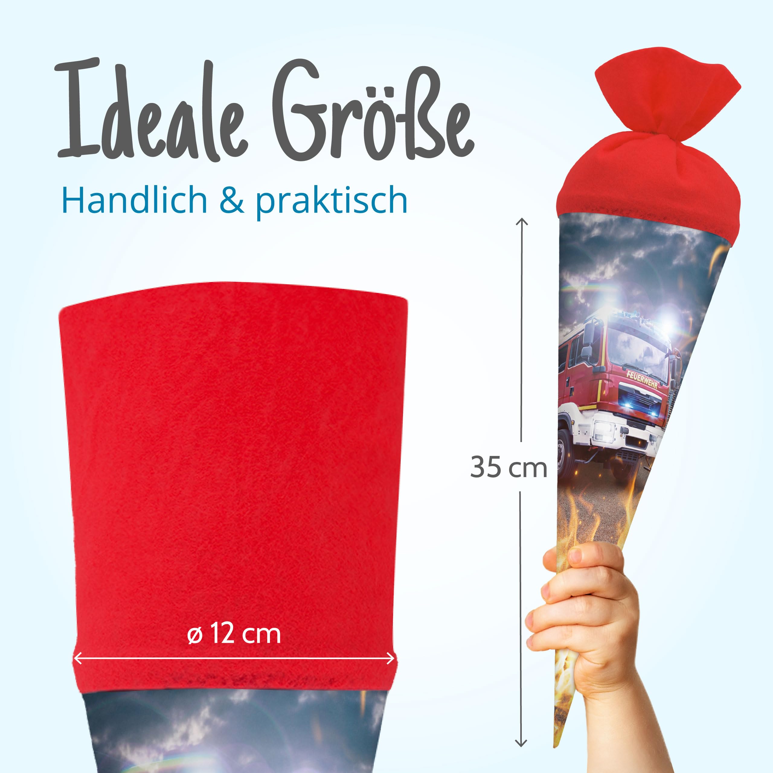 itenga Cucurucho escolar, diseño de bomberos, con cierre de fieltro, coche de bomberos y fuego, 35 cm
