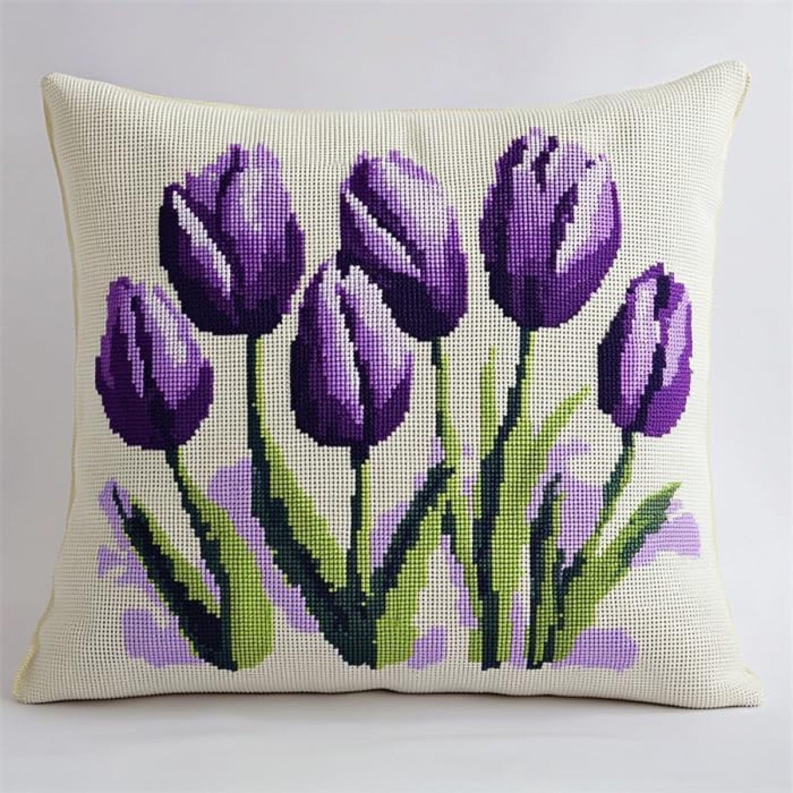 ANSIWEIGO Purple Flowers Latch Hook Kits Pillow DIY,Beautiful Tulips,Rug Crochet Hook Cushion Making Kits with Preprinted Pattern DIY Handmade Home Sofa Cushion Decor,43x43cm/17x17inch
