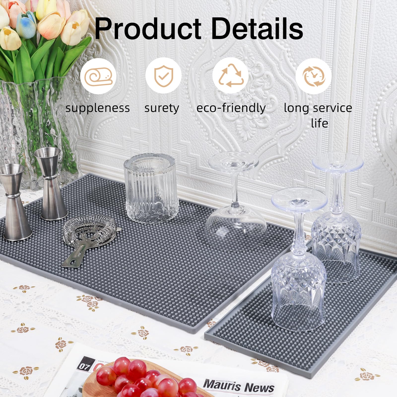 4 Pcs Bar Mat for Countertop Bartending Gray Rubber Silicone Bar Mat for Home Bar Coffee Large Particle Non-Slip Mat for Kitchen 18 x 12” + 12 x 6”