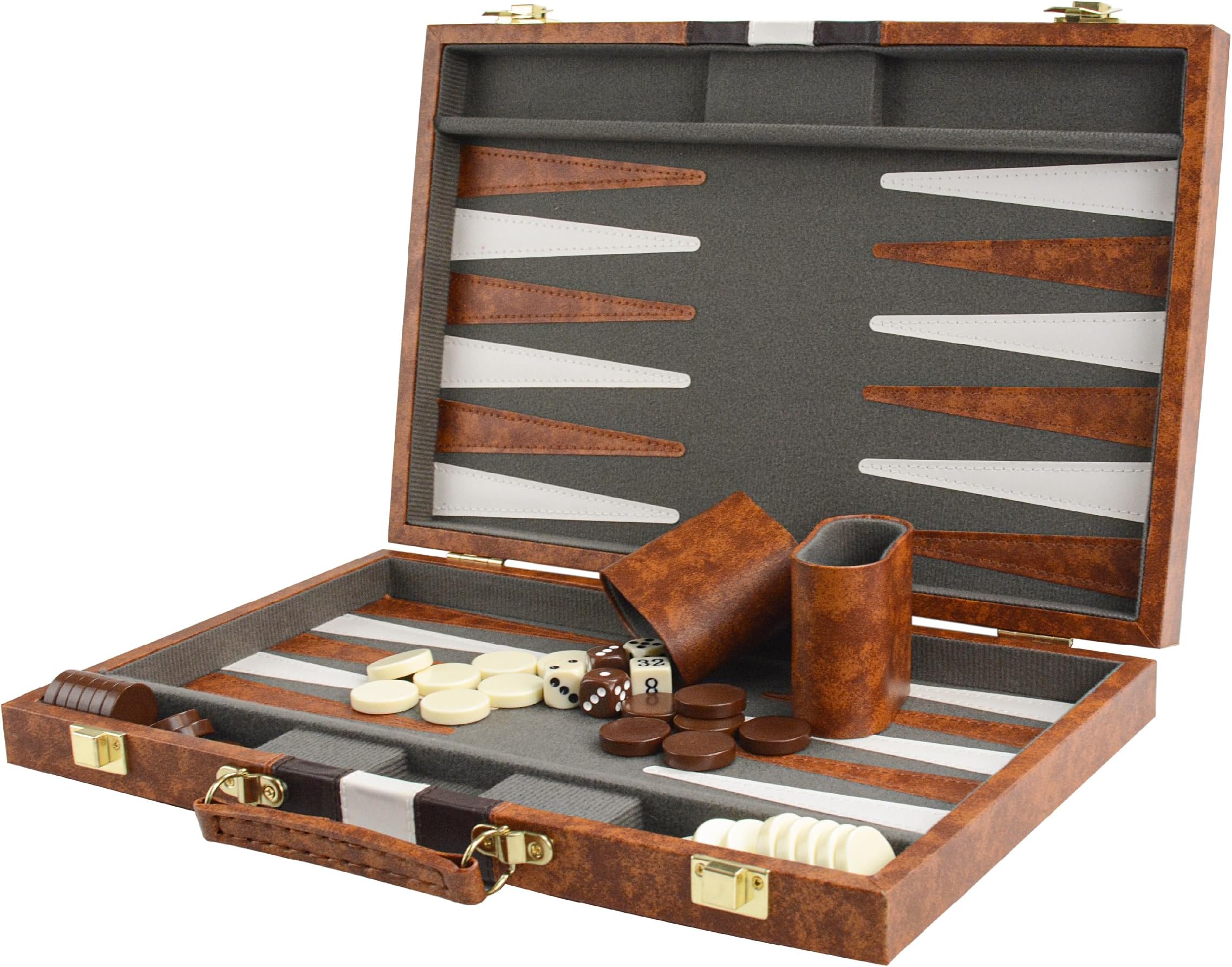 15 Inch Travel Backgammon Set for Adults, Classic Board Game with Premium PU Leather Case, Portable Strategy Backgammon Game Set, Brown