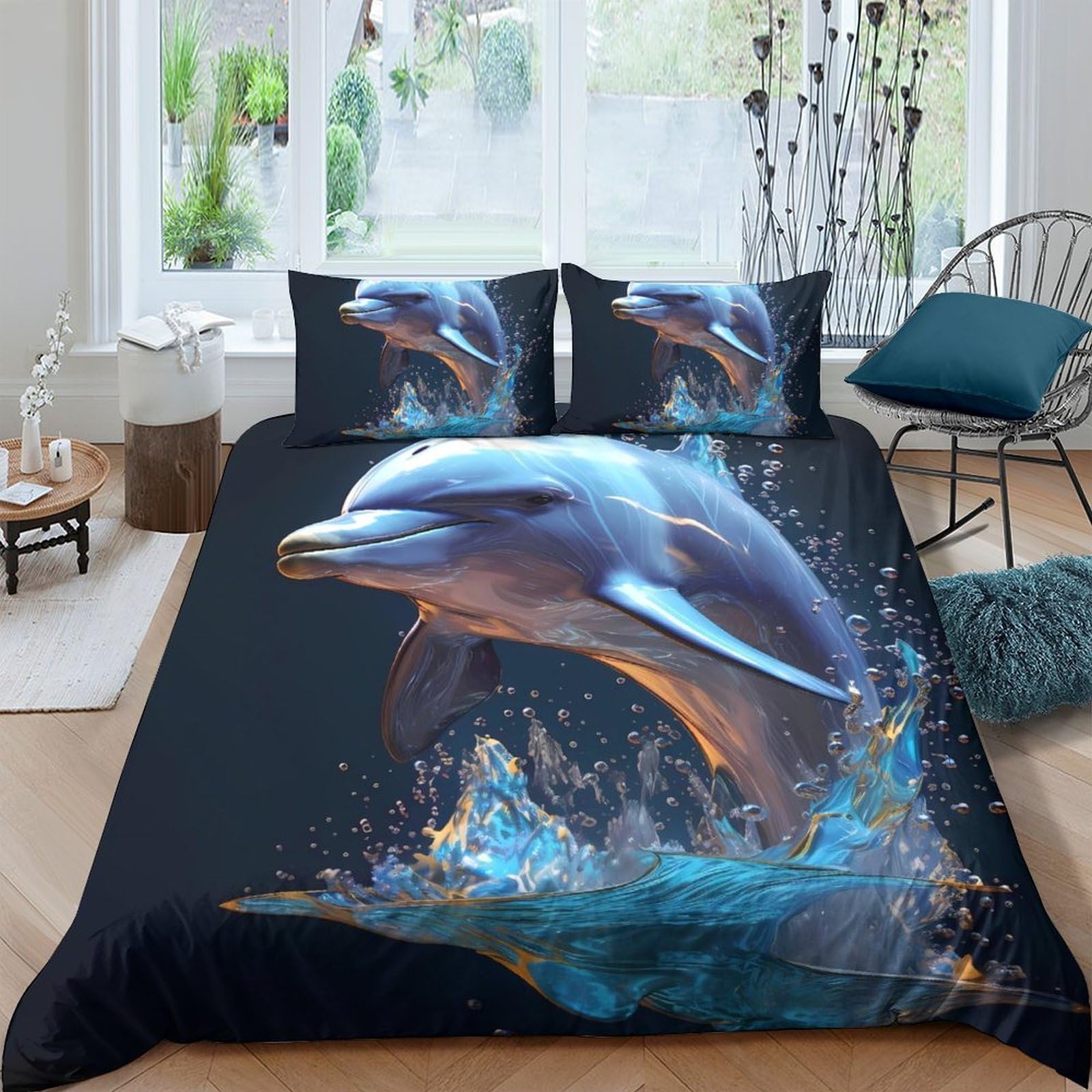 Ctjqhvkz Style-1 3D Printed Dolphin Ocean Fitted Sheet Microfiber Soft Waterproof Sea Wave Bed Cover For Bedroom Guest Room Decor Single（135X200cm）